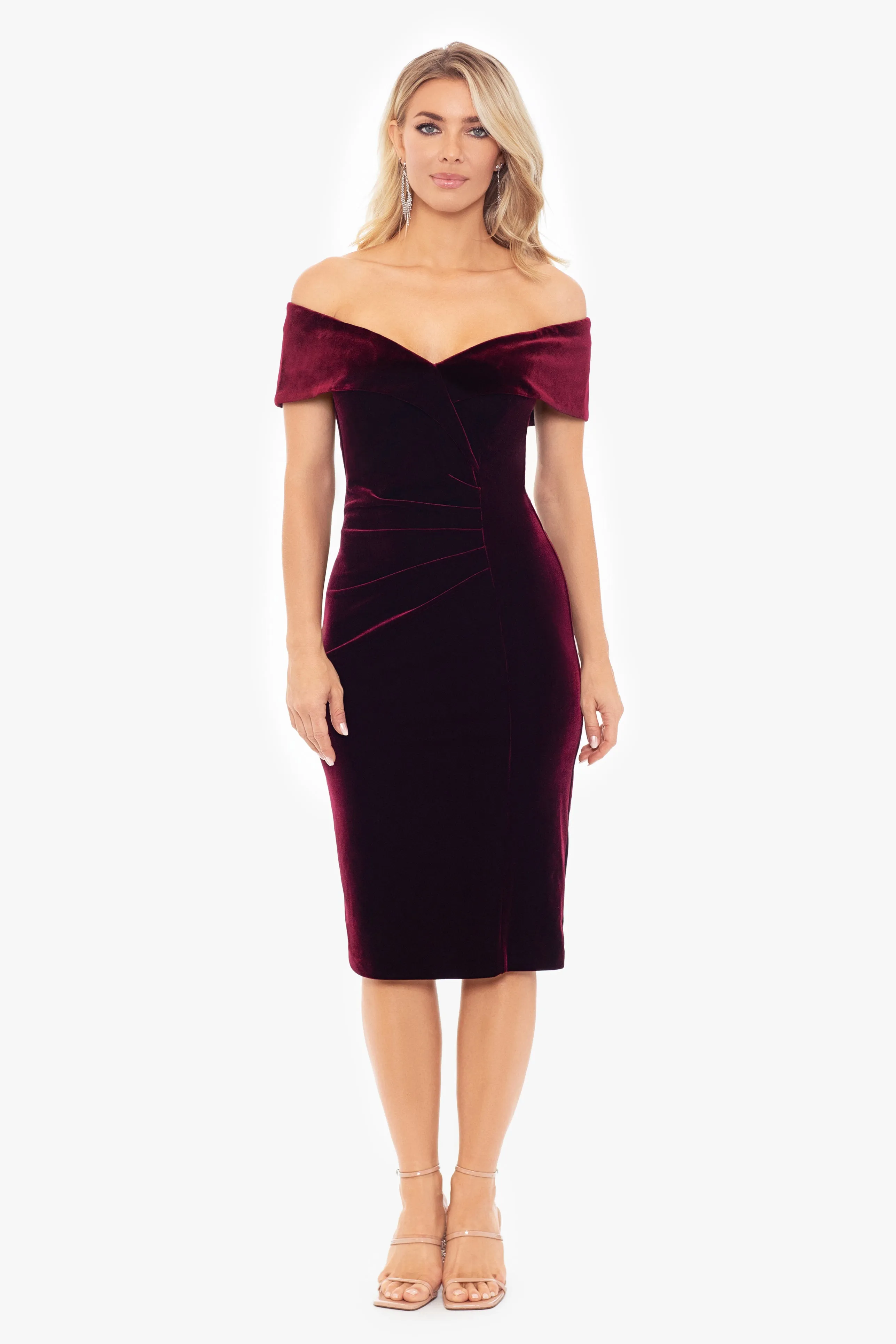 "Felicity" Knee Length Off the Shoulder Ruched Velvet Dress sold by Xscape