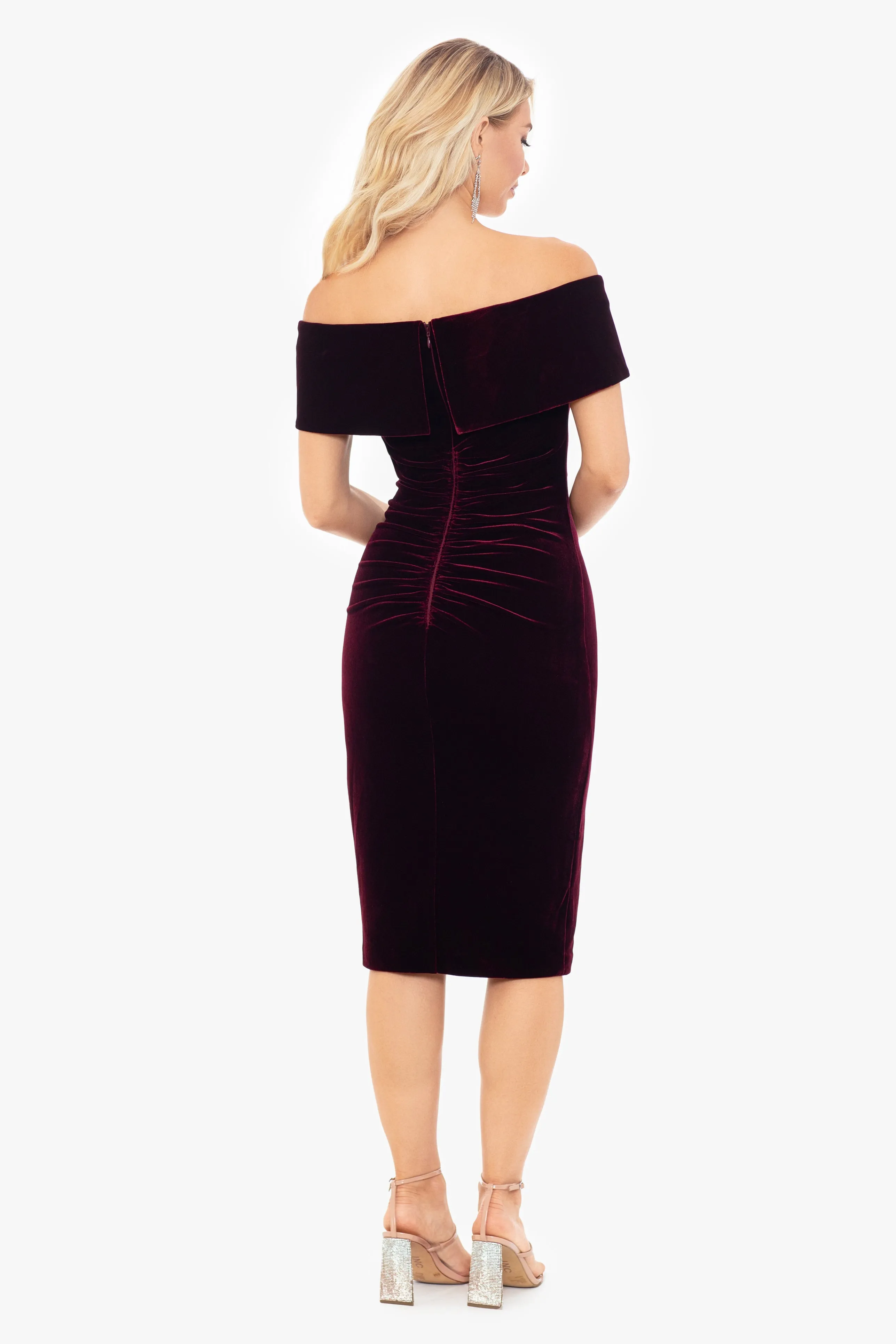 "Felicity" Knee Length Off the Shoulder Ruched Velvet Dress sold by Xscape product image thumbnail 3