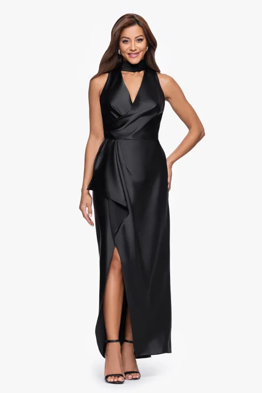 "Alondra" Satin Mock Neck Cutout Sleeveless Floor Length Dress sold by Xscape