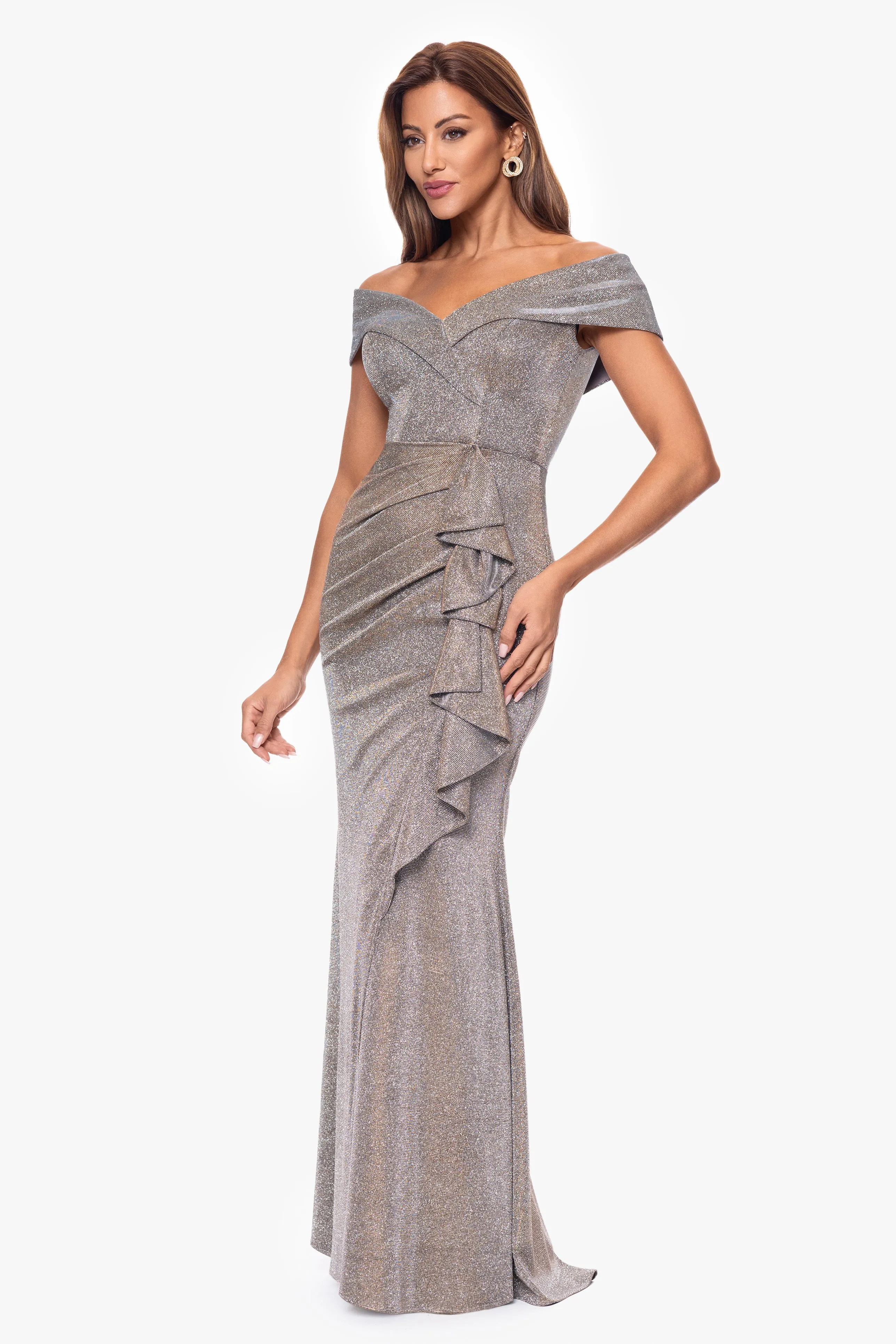 "Raveena" Long Foil Knit Off the Shoulder Floor Length Ruffle Dress sold by Xscape product image thumbnail 4
