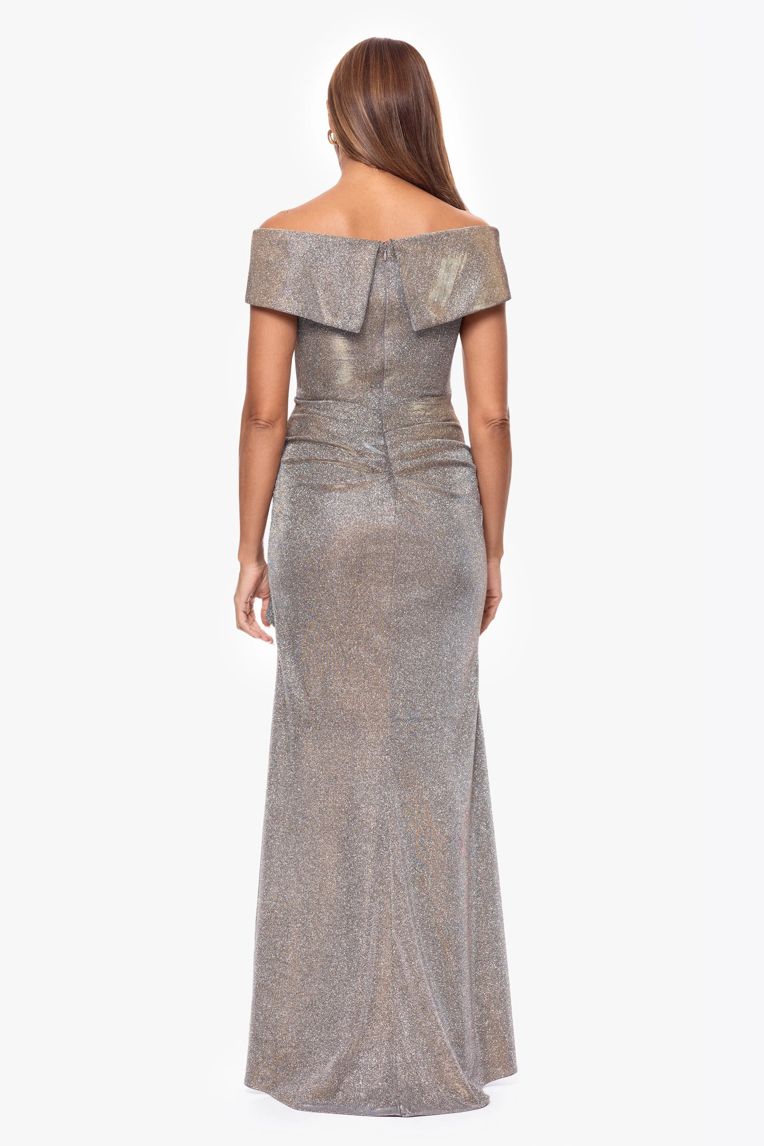 "Raveena" Long Foil Knit Off the Shoulder Floor Length Ruffle Dress sold by Xscape product image thumbnail 3