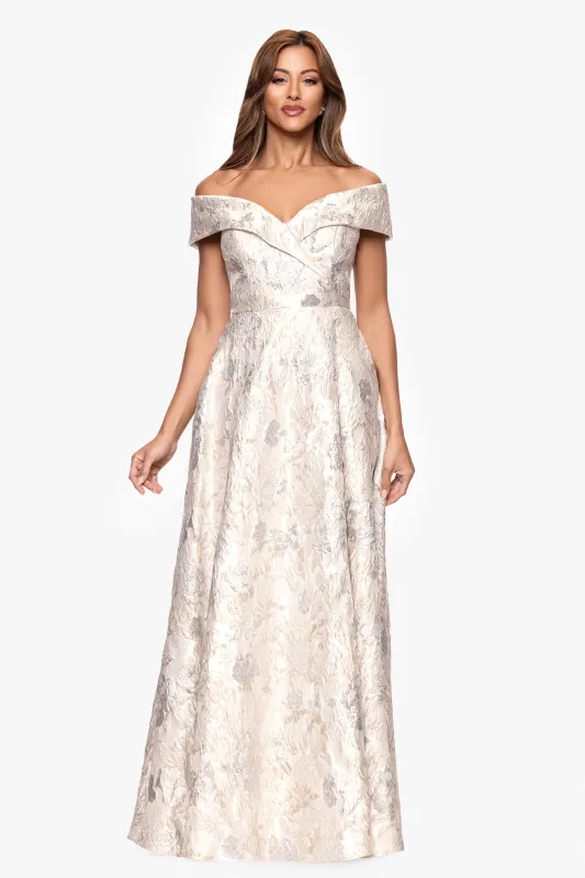 "Kiara" Brocade Off the Shoulder Floor Length Dress sold by Xscape