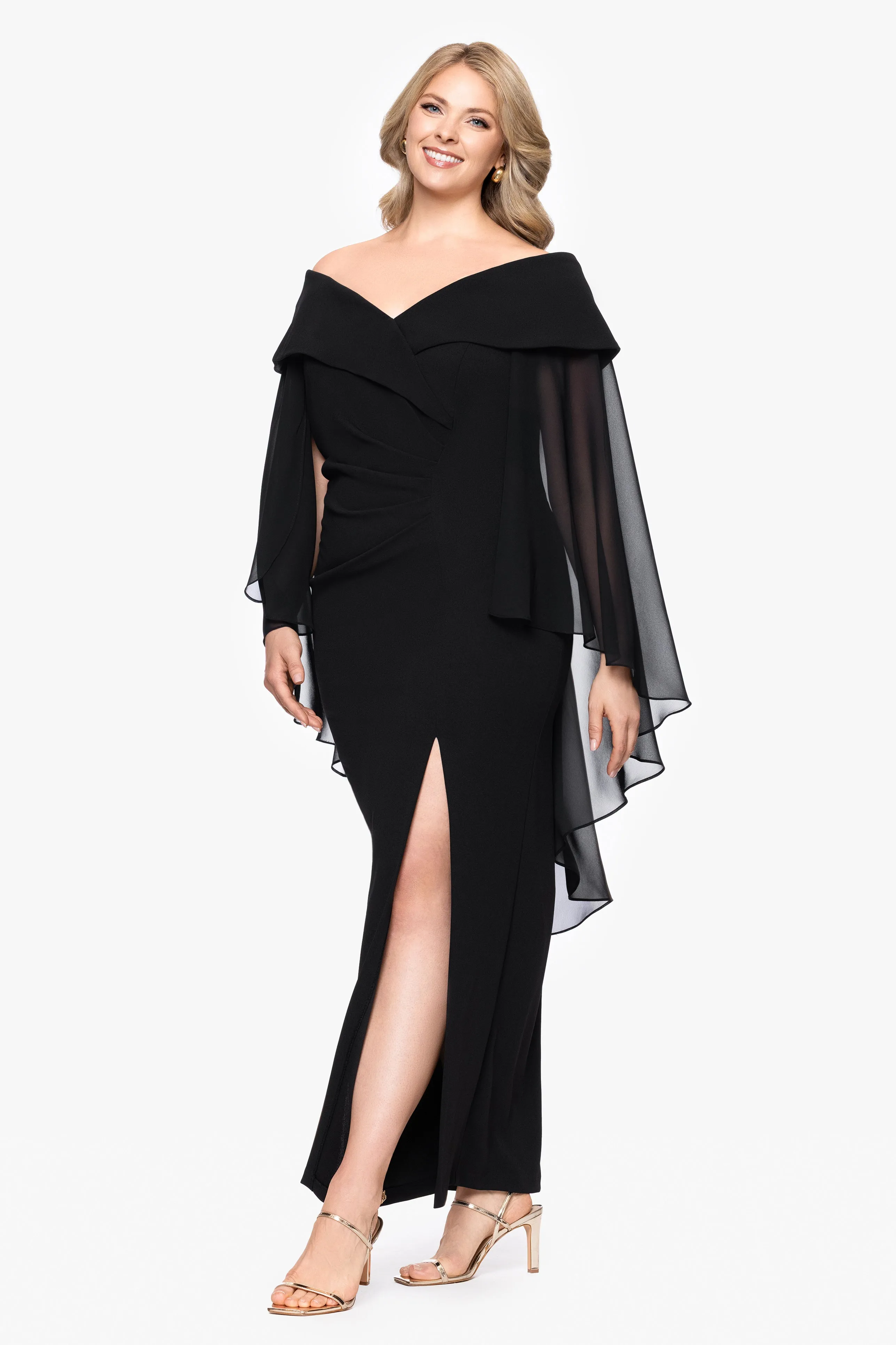 "Rosaline" Scuba Crepe Off the Shoulder Chiffon Cape Floor Length Dress sold by Xscape product image thumbnail 4