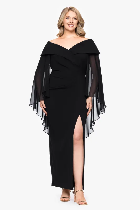 "Rosaline" Scuba Crepe Off the Shoulder Chiffon Cape Floor Length Dress sold by Xscape