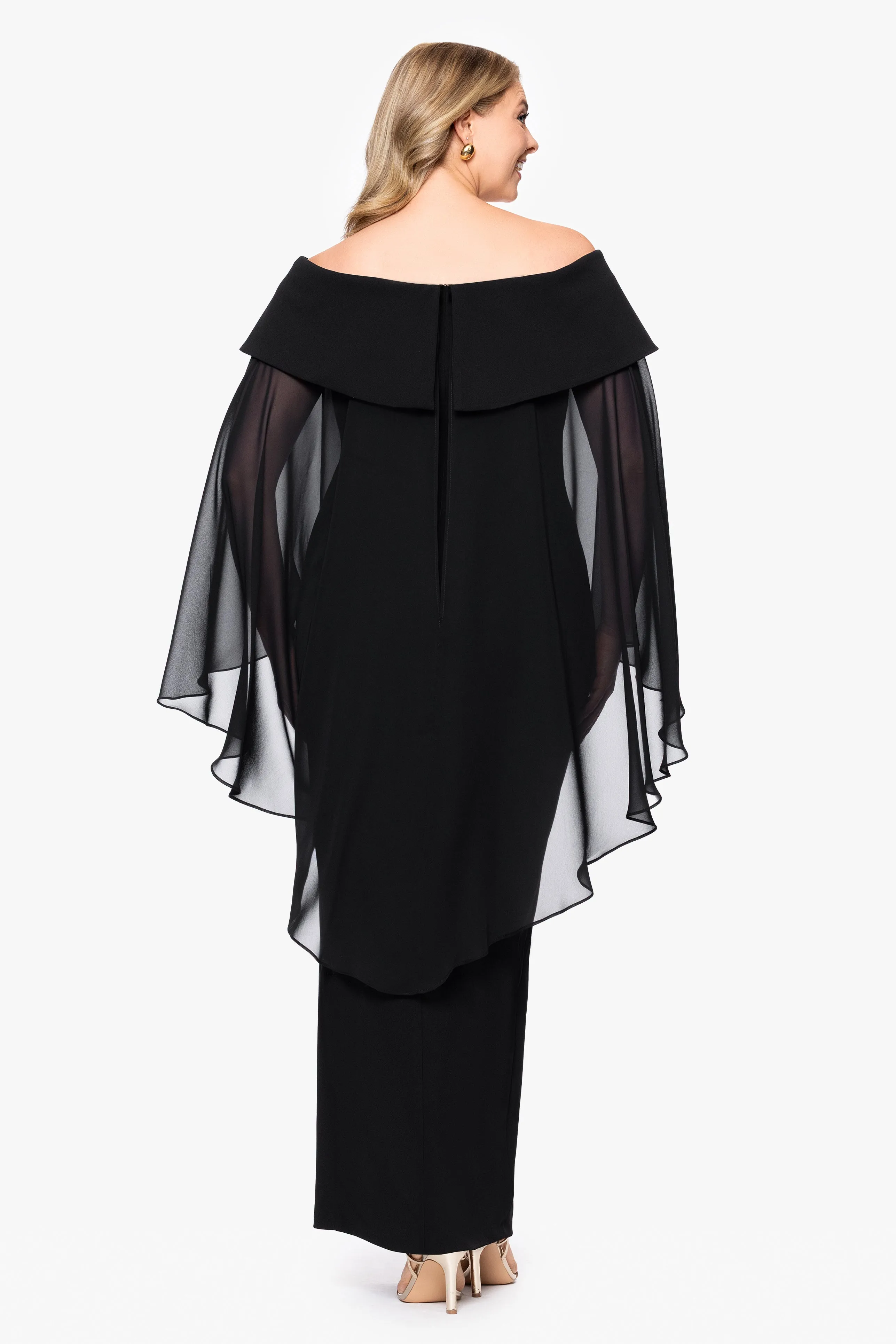 "Rosaline" Scuba Crepe Off the Shoulder Chiffon Cape Floor Length Dress sold by Xscape product image thumbnail 3