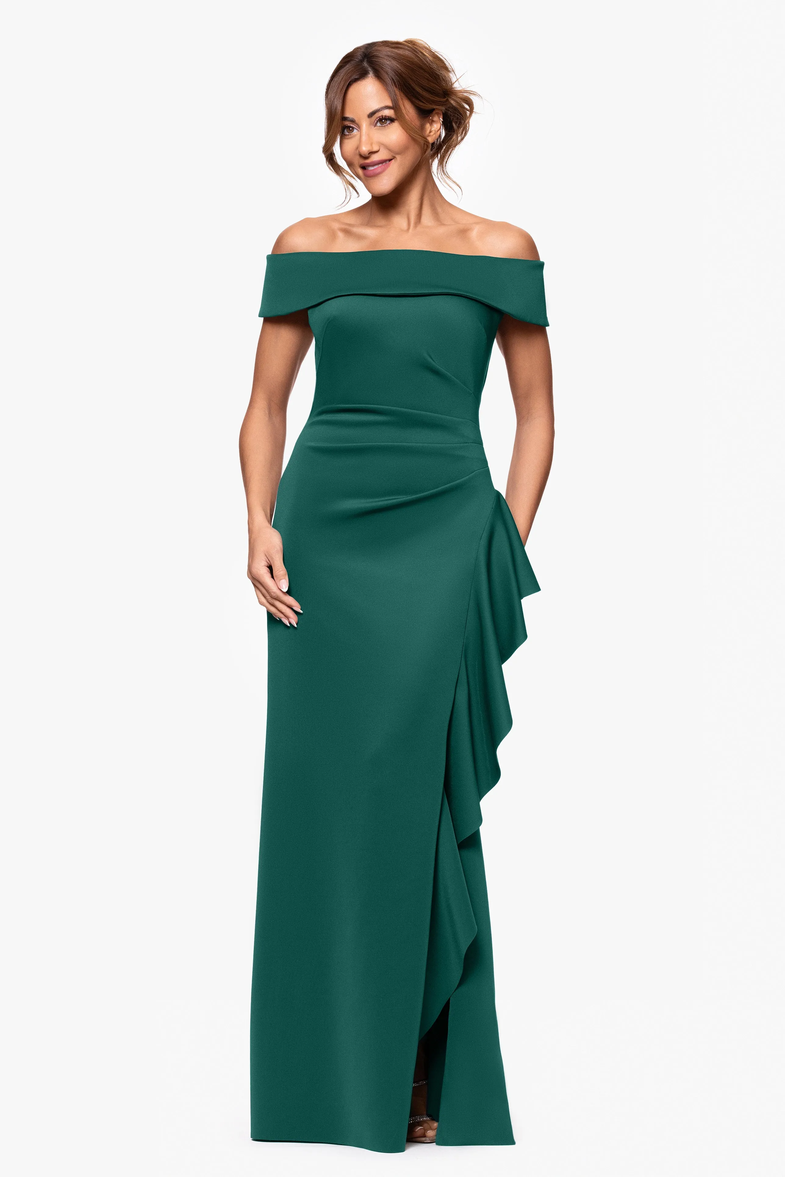 "Dolly" Techno Scuba Off the Shoulder Ruffle Floor Length Dress sold by Xscape