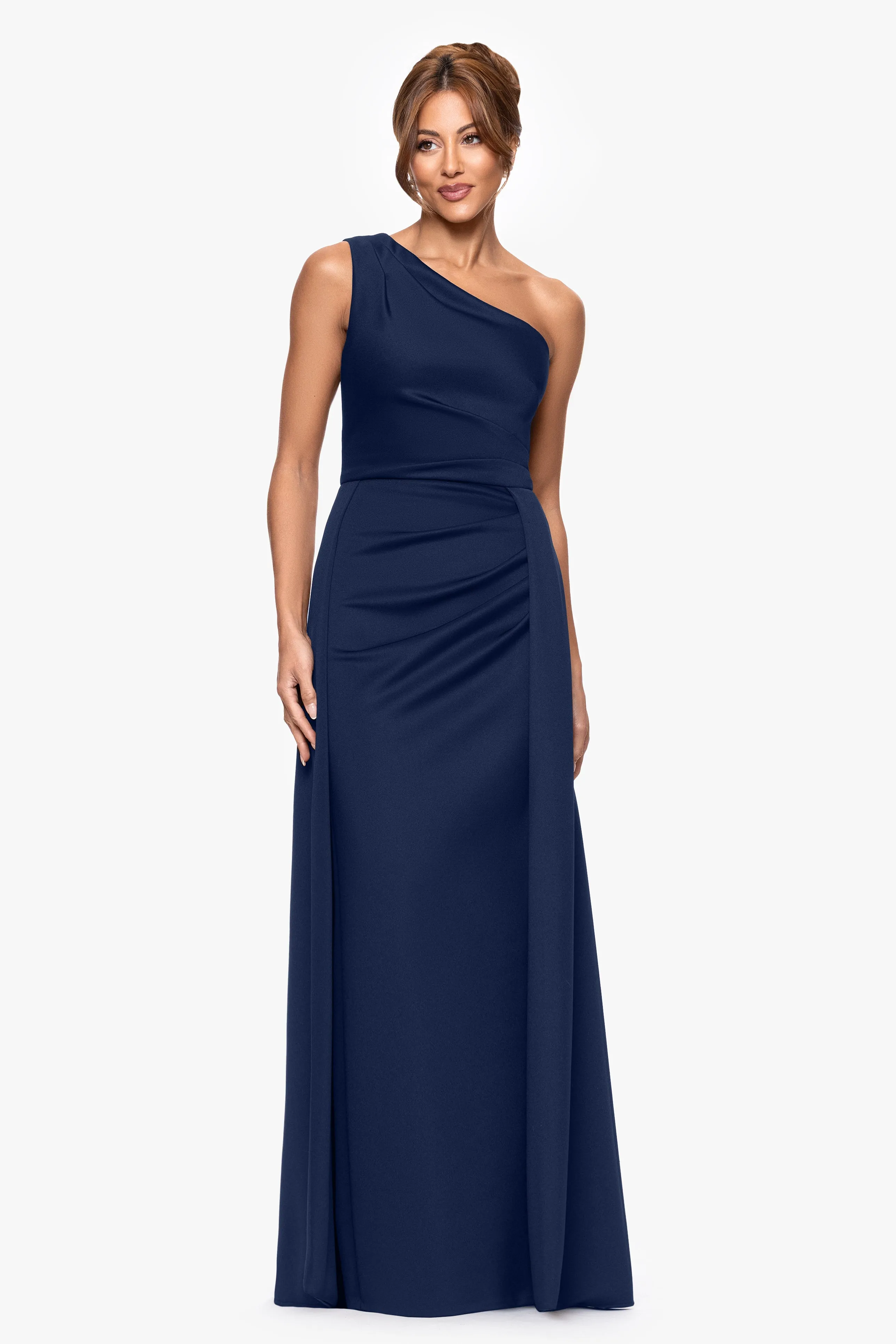 "Jalen" Techno Scuba One Shoulder Back Drape Floor Length Dress sold by Xscape product image thumbnail 4