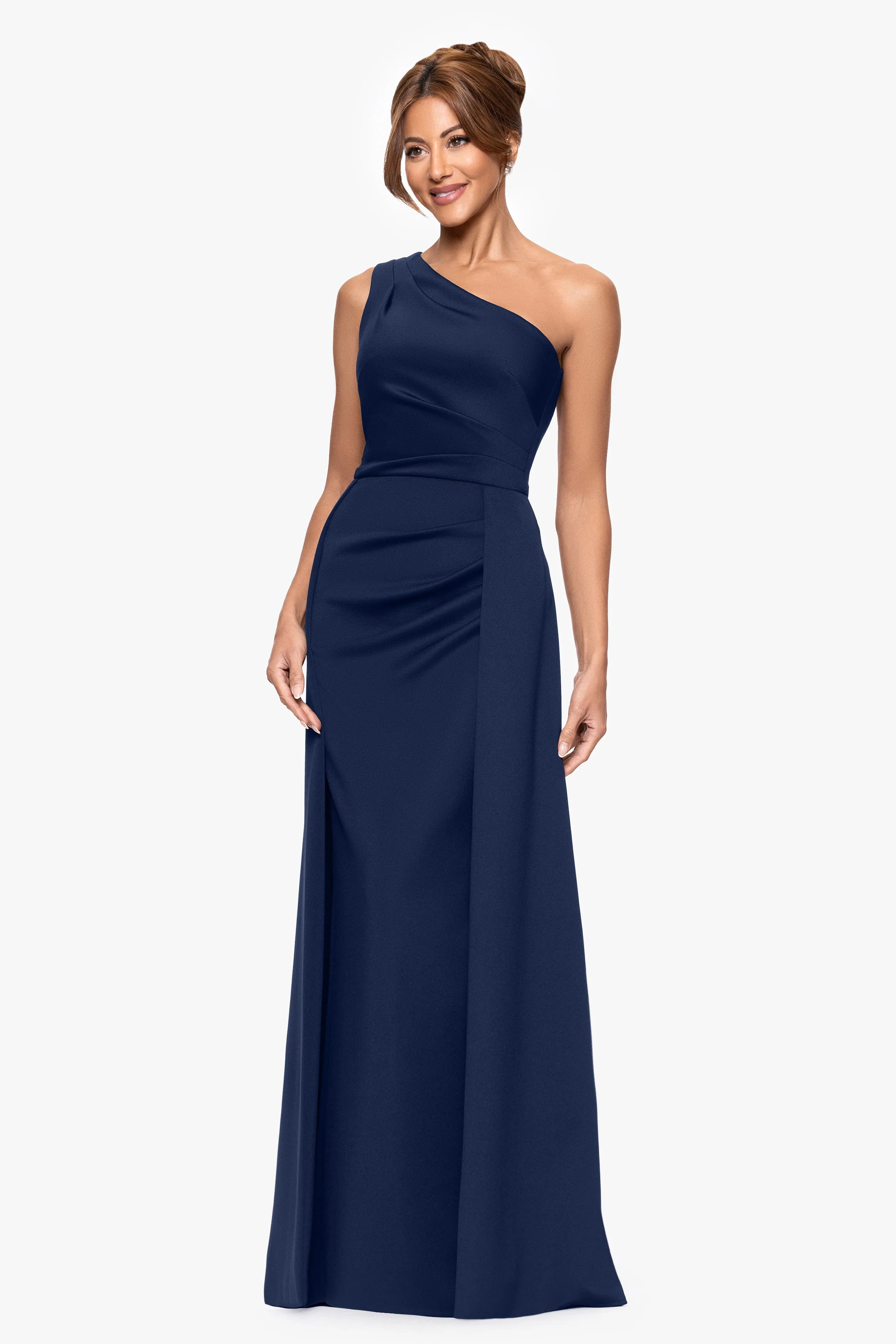 "Jalen" Techno Scuba One Shoulder Back Drape Floor Length Dress sold by Xscape