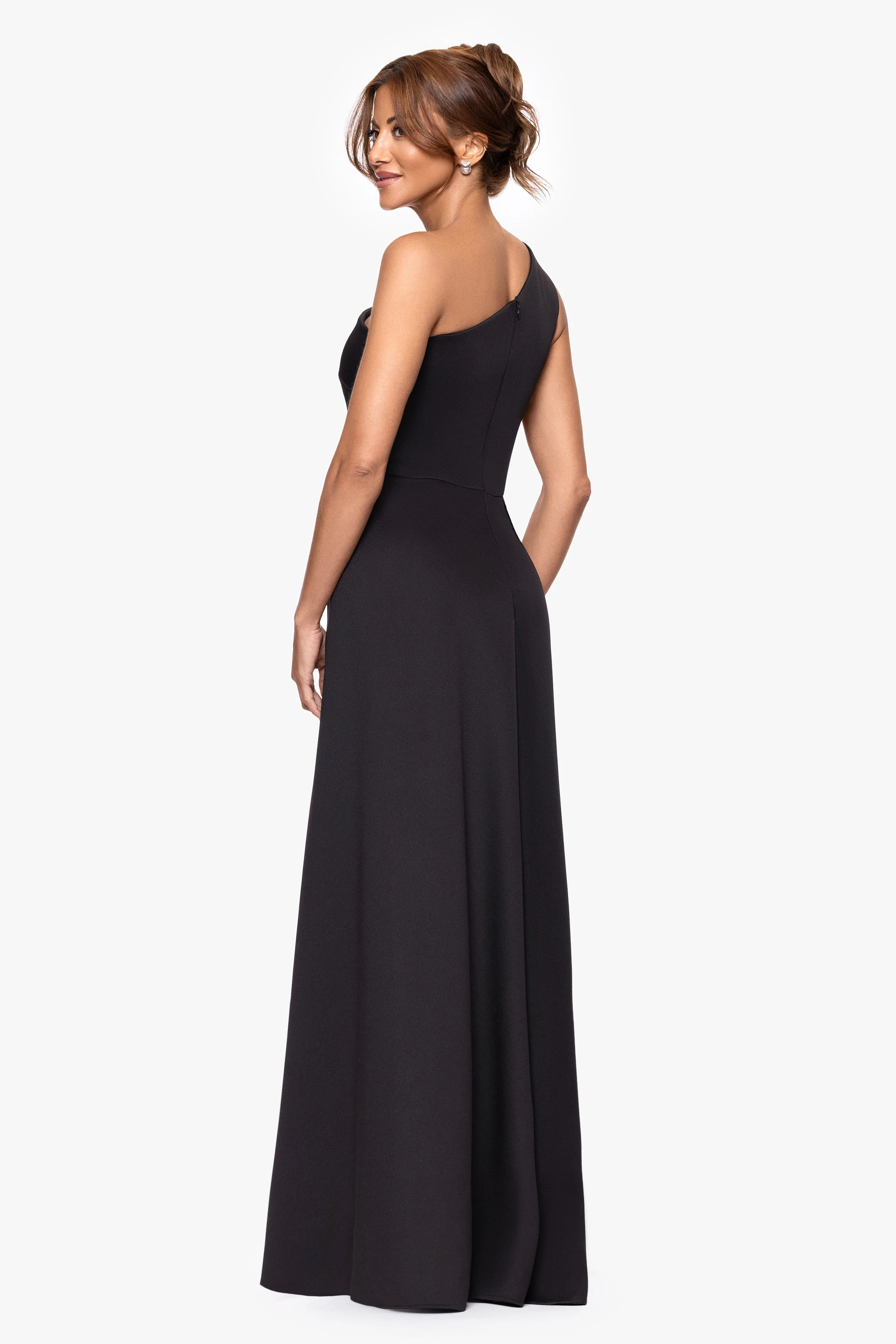 "Jalen" Techno Scuba One Shoulder Back Drape Floor Length Dress sold by Xscape product image thumbnail 3