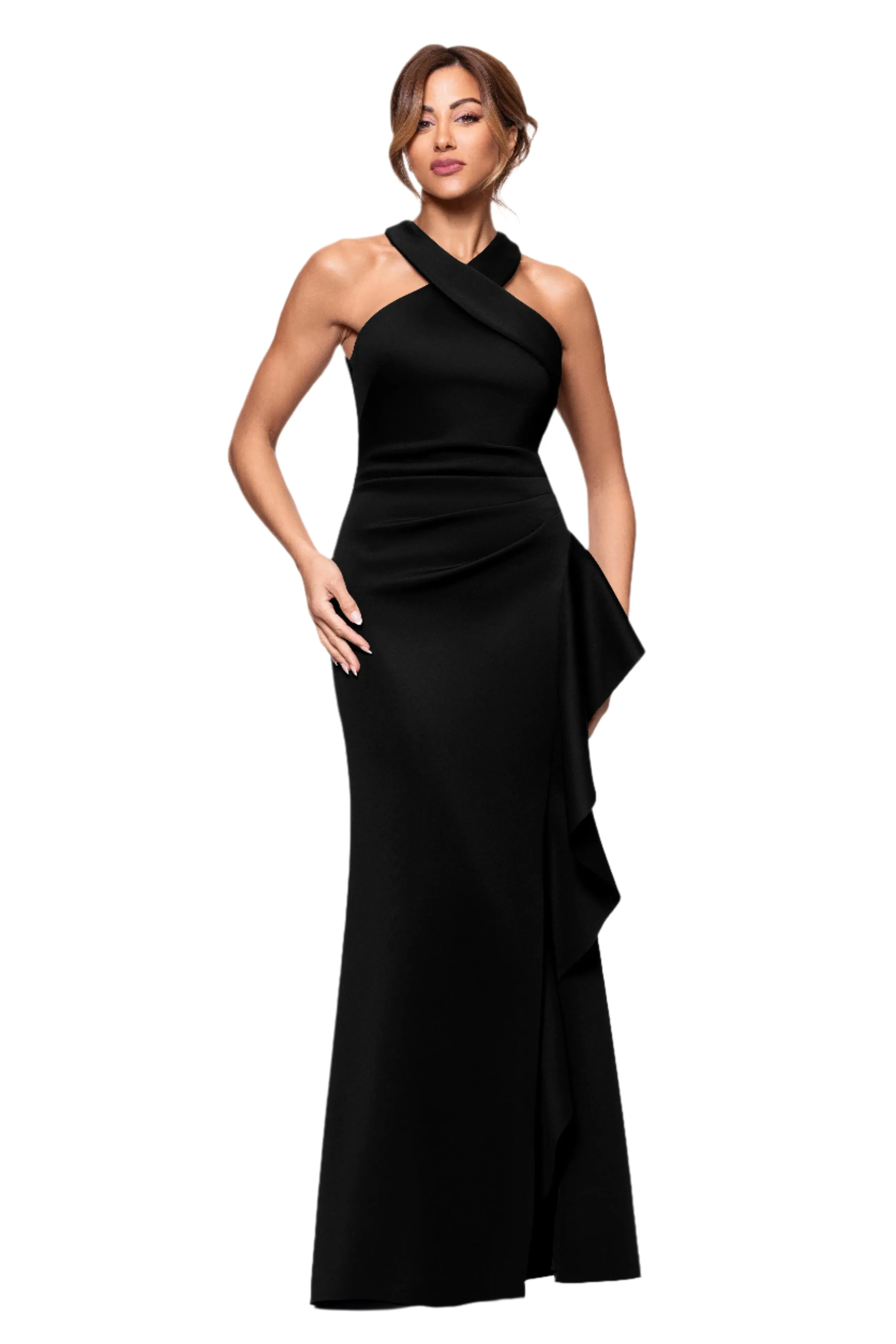 Petite "Gigi" Scuba Cross Neck Ruffle Floor Length Dress sold by Xscape