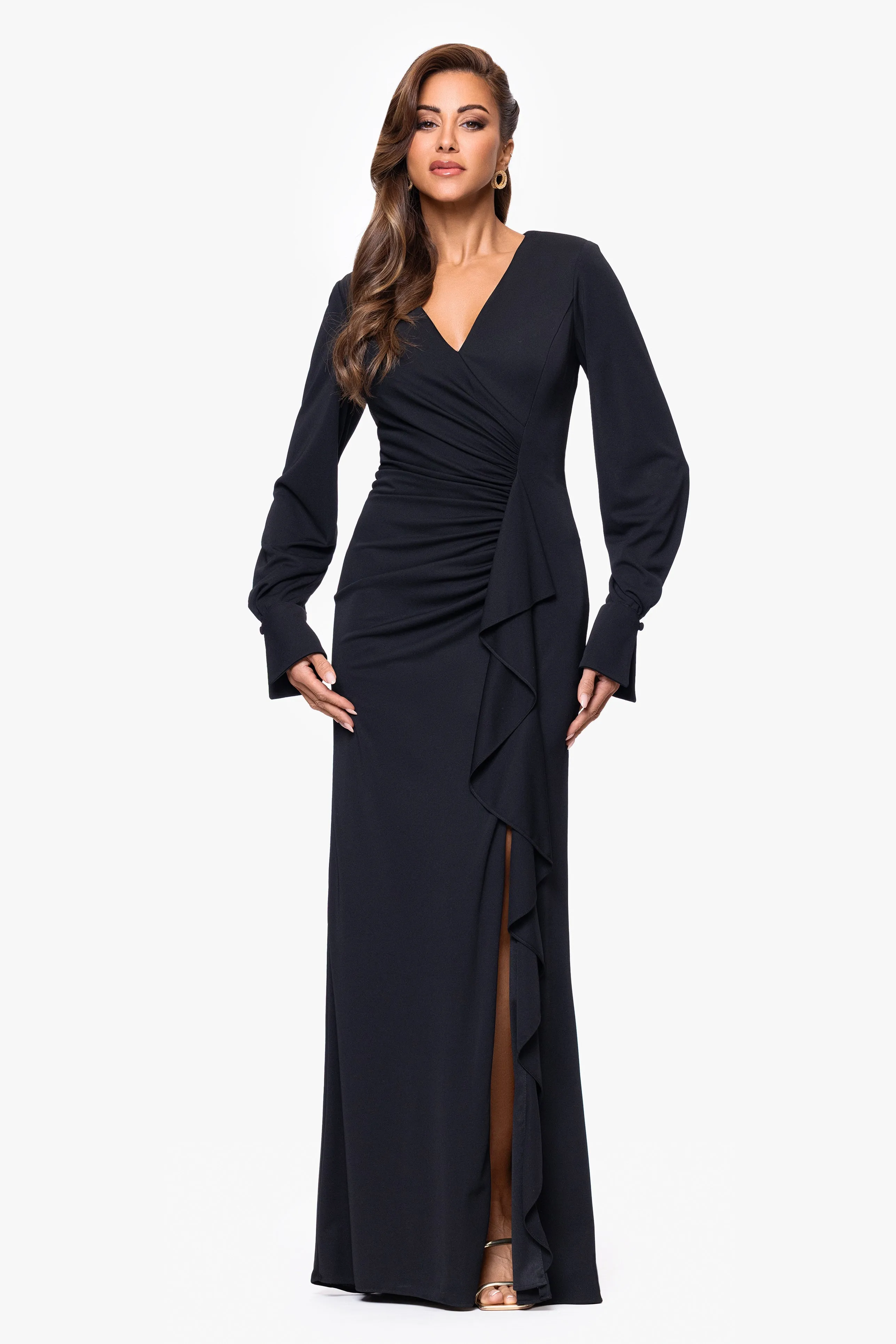 "Joana" Jersey V-Neck Long Sleeve Ruffle Floor Length Dress sold by Xscape