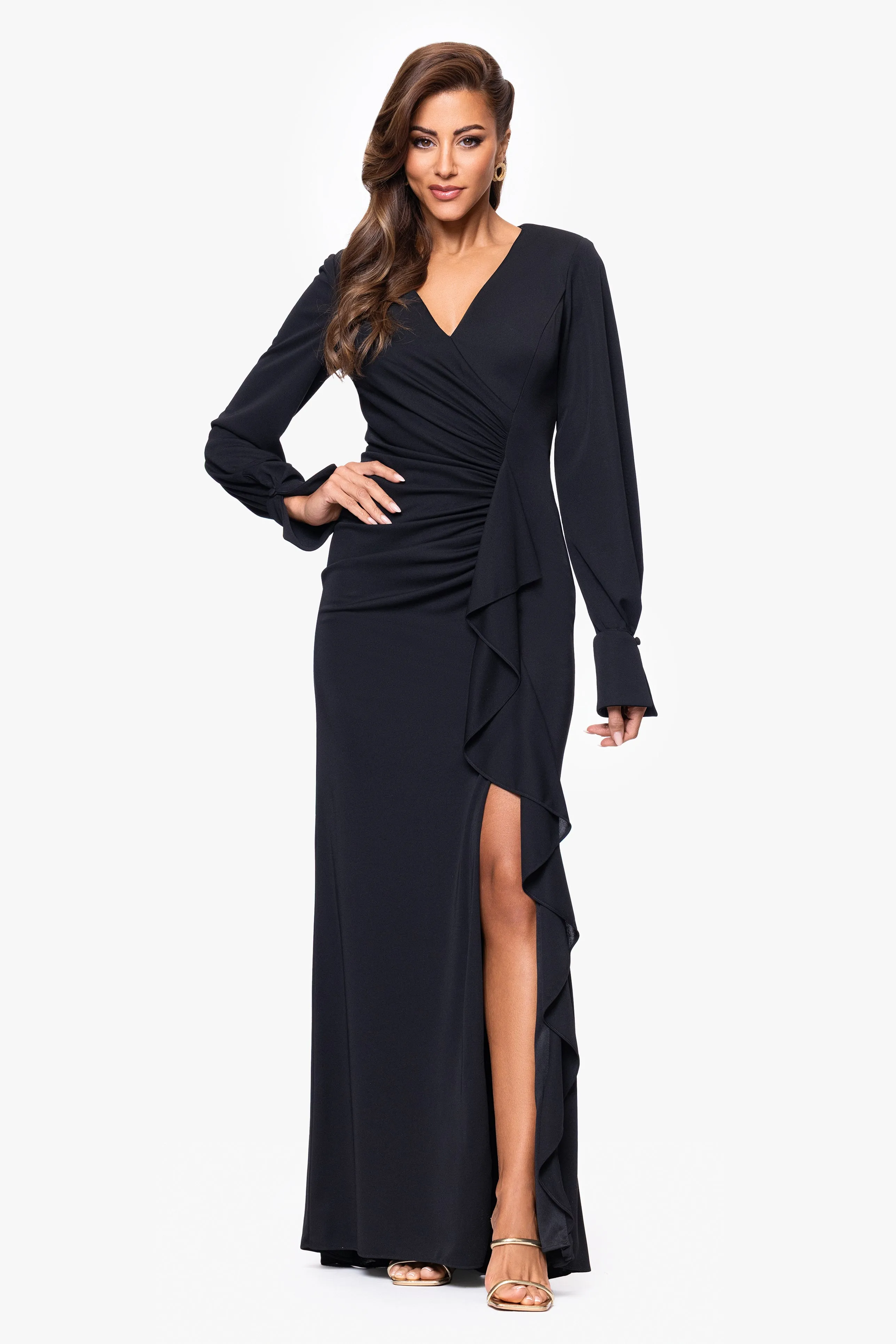 "Joana" Jersey V-Neck Long Sleeve Ruffle Floor Length Dress sold by Xscape product image thumbnail 5