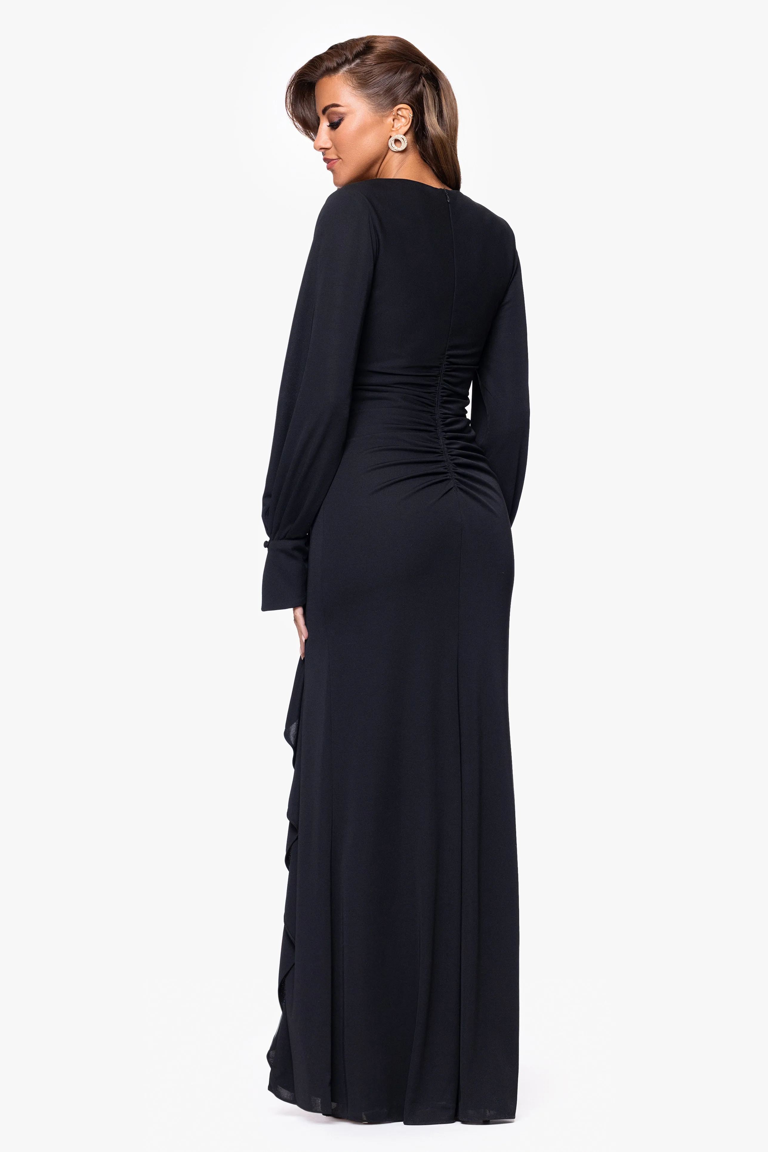 "Joana" Jersey V-Neck Long Sleeve Ruffle Floor Length Dress sold by Xscape product image thumbnail 3