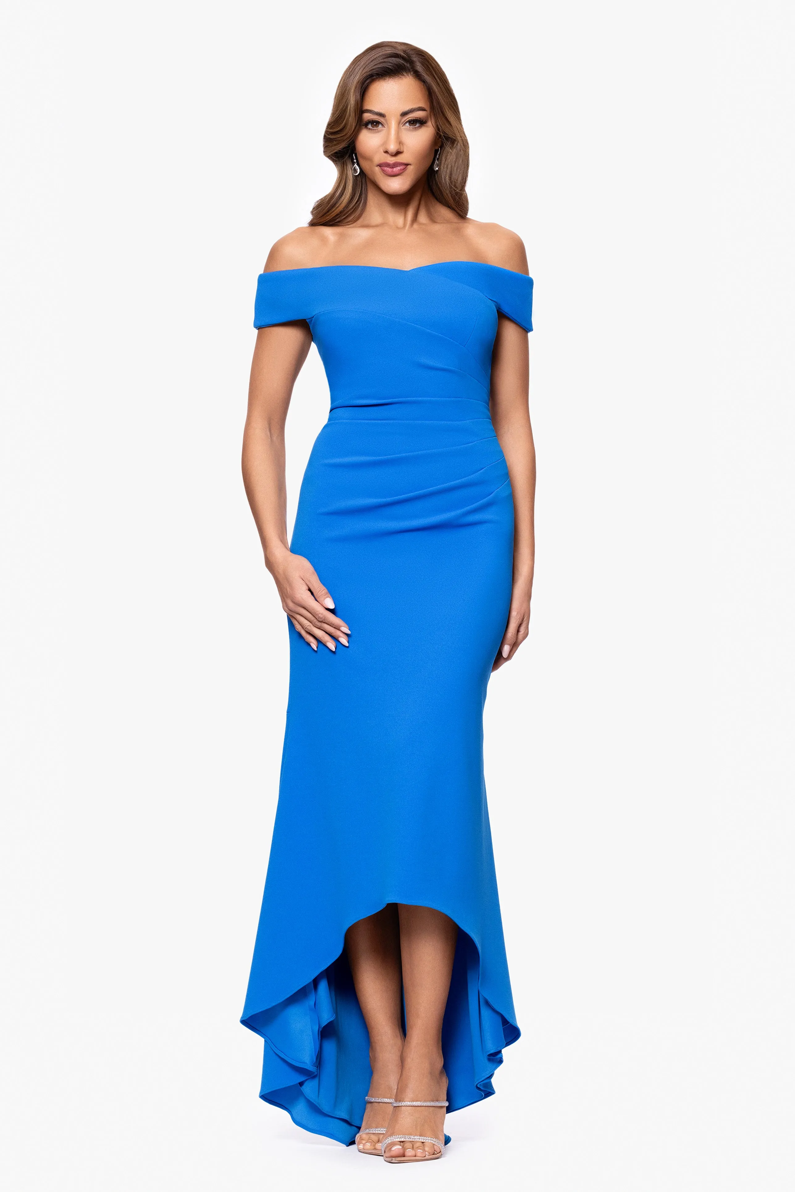"Serena" Off The Shoulder High Low Long Scuba Crepe Dress sold by Xscape