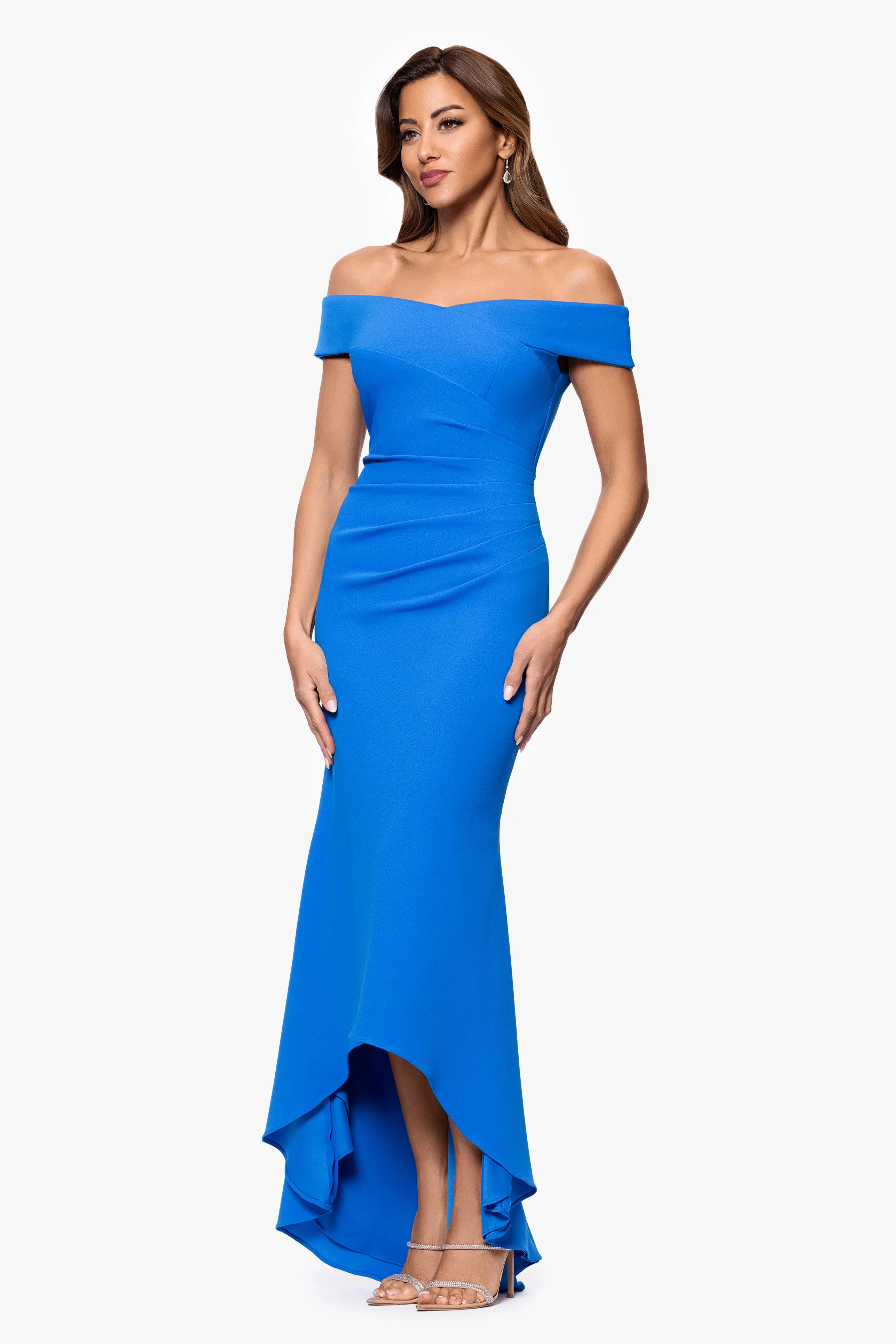 "Serena" Off The Shoulder High Low Long Scuba Crepe Dress sold by Xscape product image thumbnail 4
