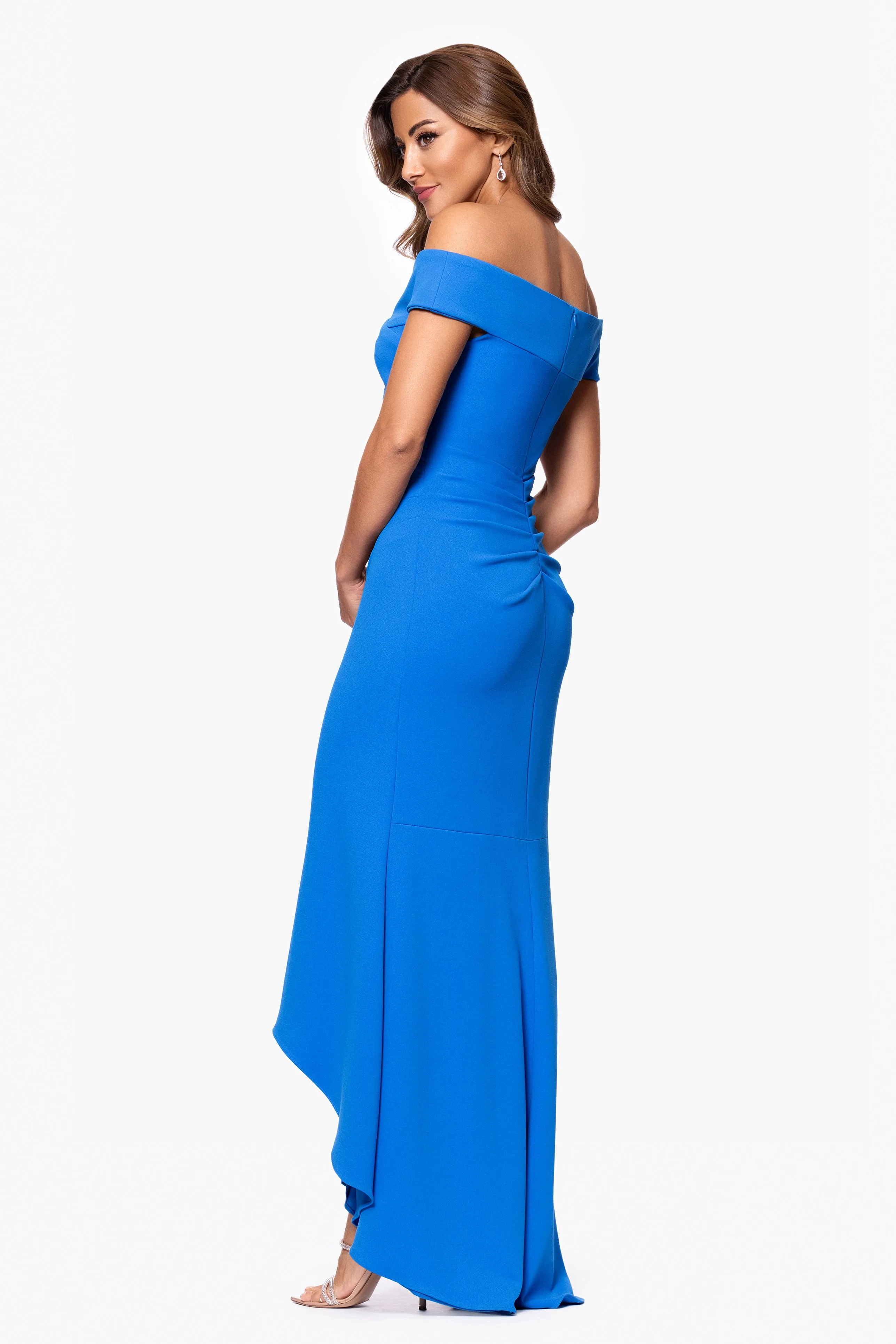 "Serena" Off The Shoulder High Low Long Scuba Crepe Dress sold by Xscape product image thumbnail 3