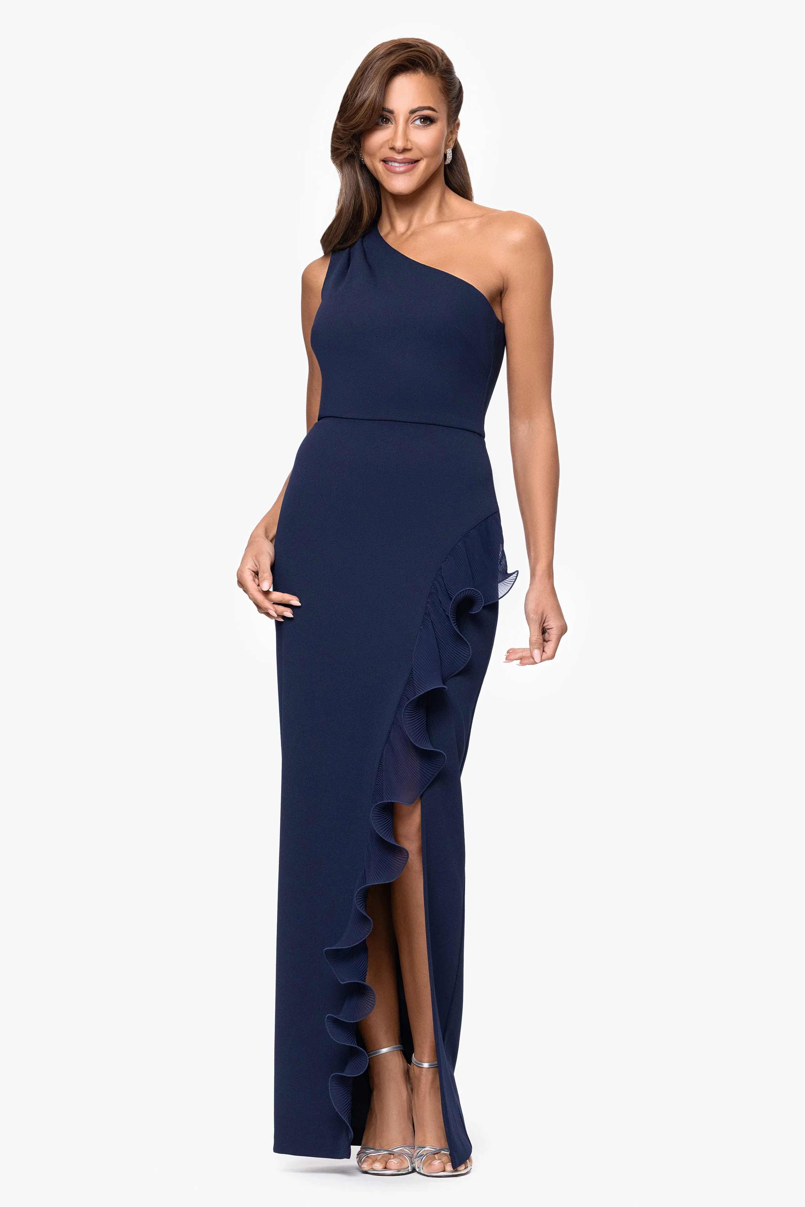 Petite "Graclyn" Scuba Crepe One Shoulder Chiffon Ruffle Floor Length Dress sold by Xscape product image thumbnail 5