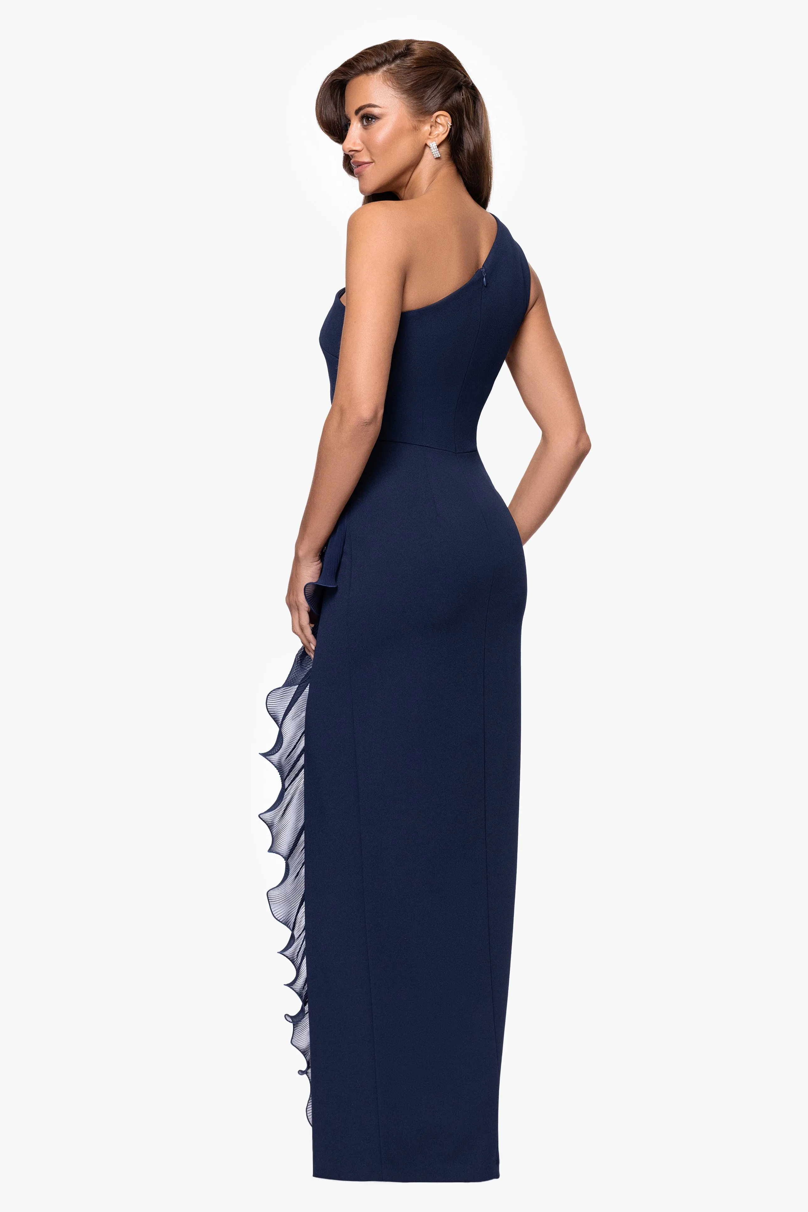 Petite "Graclyn" Scuba Crepe One Shoulder Chiffon Ruffle Floor Length Dress sold by Xscape product image thumbnail 3