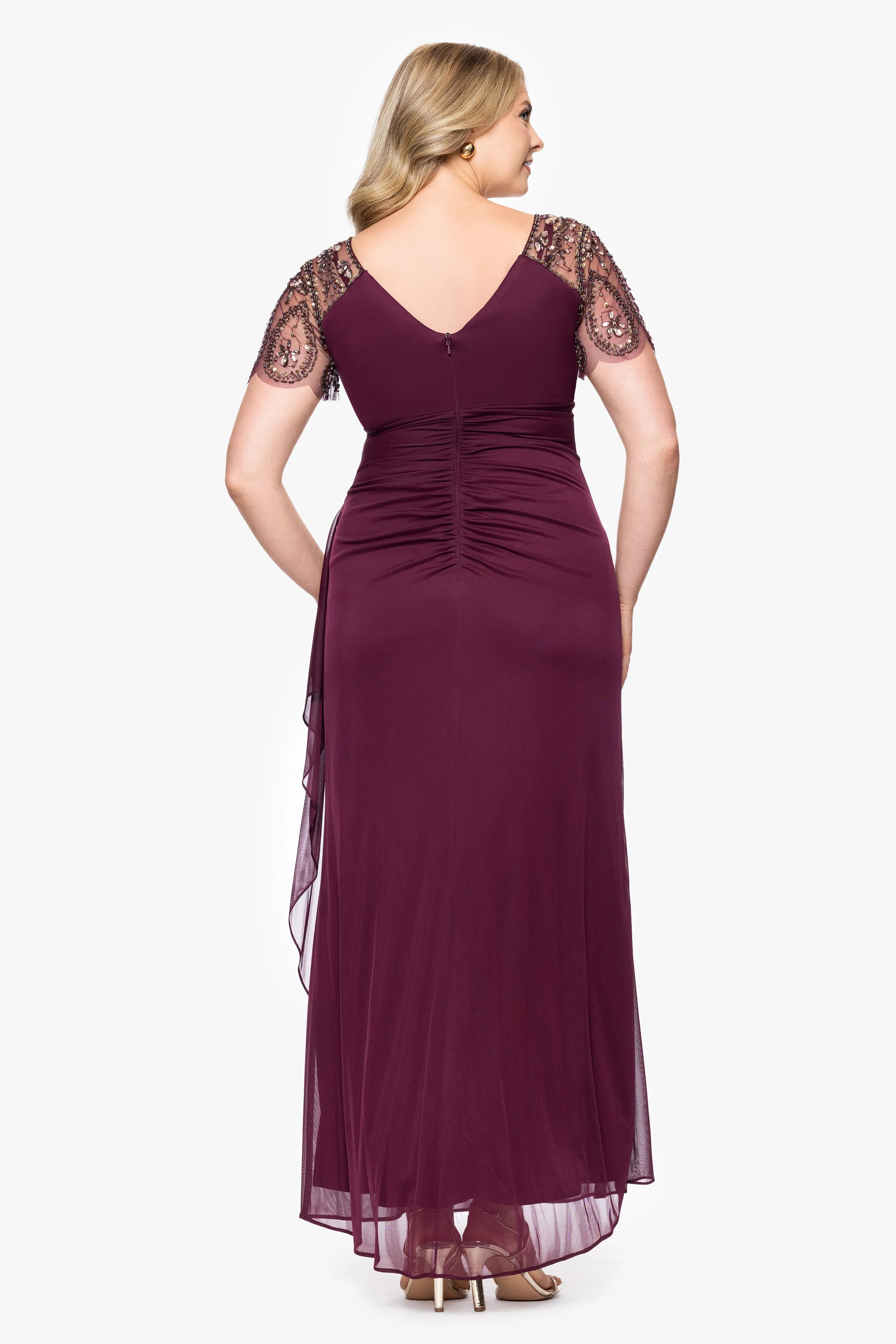 Plus "Lana" Long V-Neck Beaded Flutter Sleeve Dress sold by Xscape product image thumbnail 3