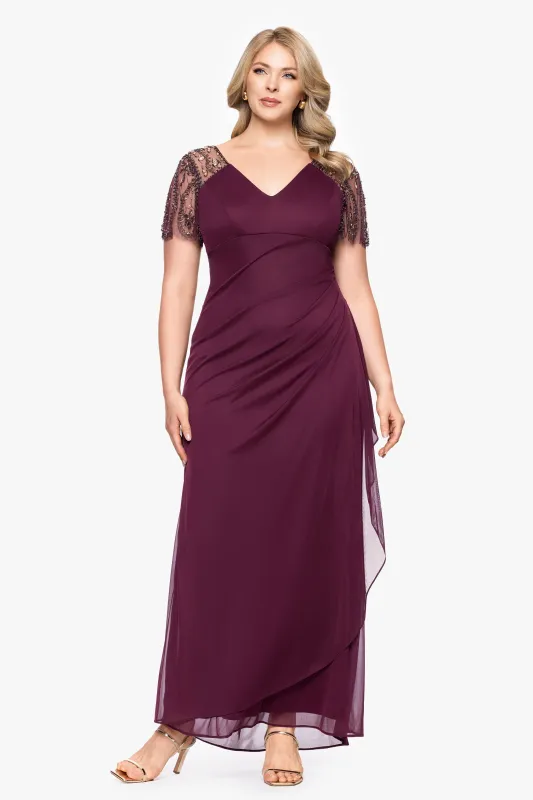 Plus "Lana" Long V-Neck Beaded Flutter Sleeve Dress sold by Xscape