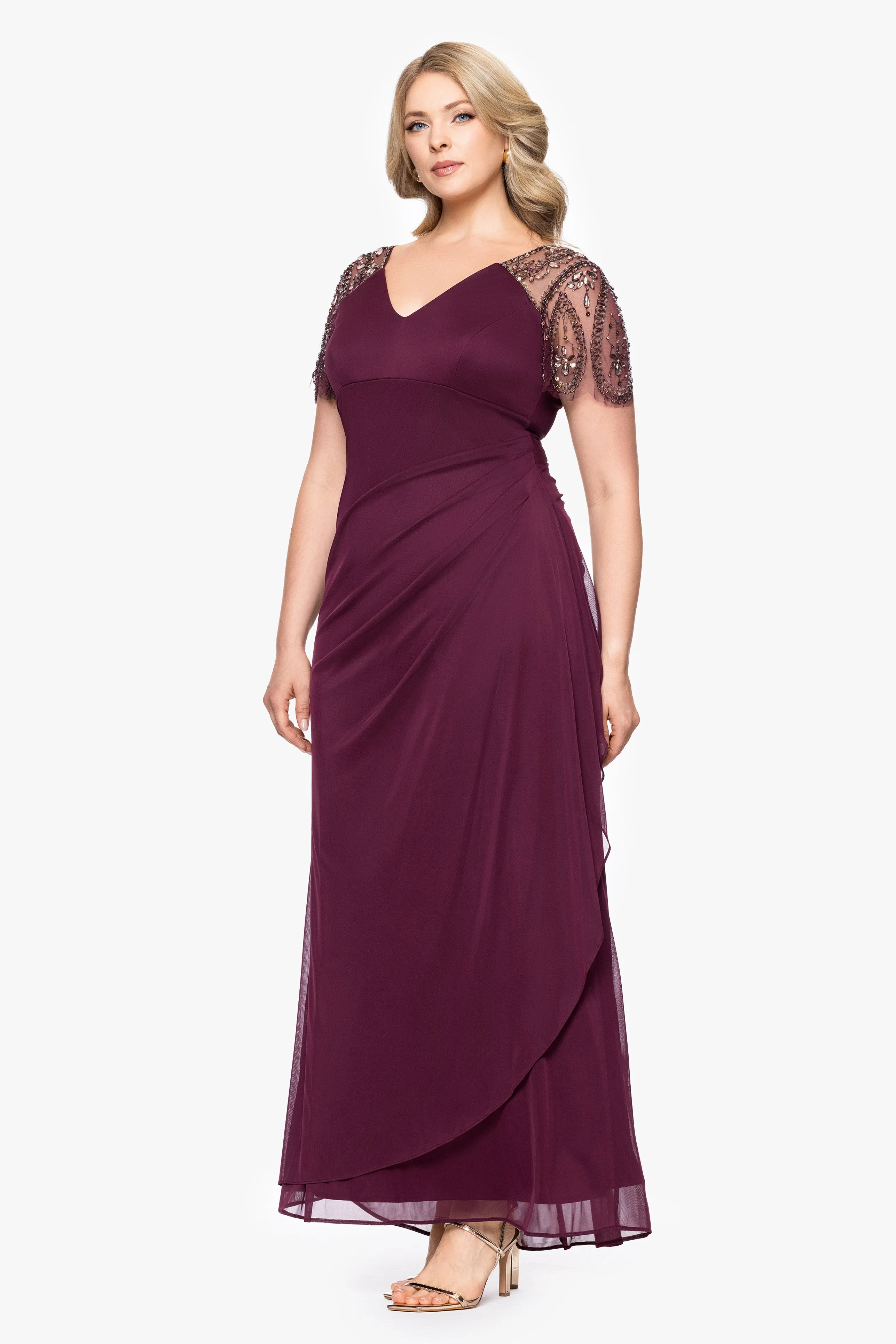 Plus "Lana" Long V-Neck Beaded Flutter Sleeve Dress sold by Xscape product image thumbnail 4