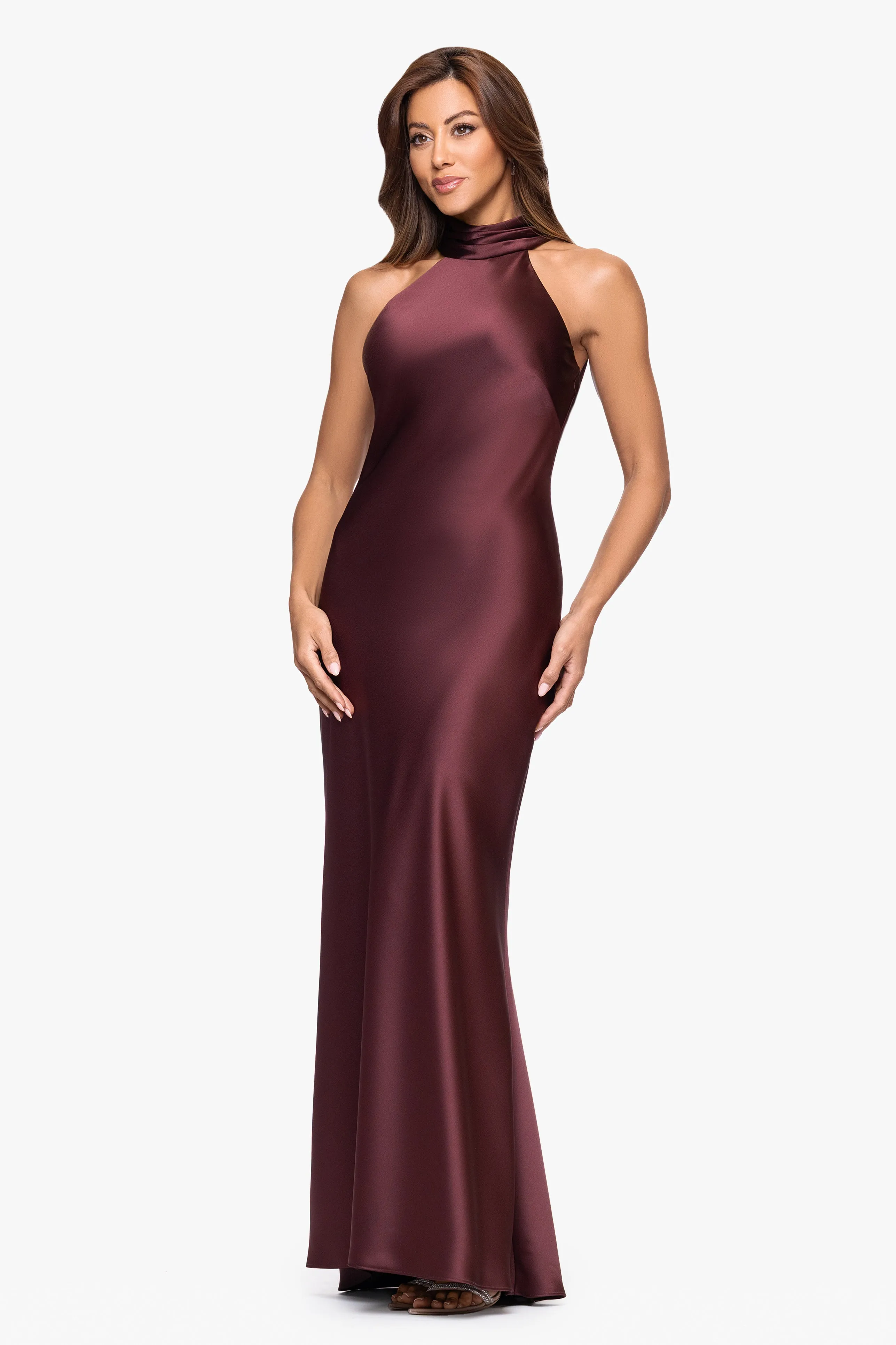 "Ruth" Satin High Tie Neck Backless Floor Length Dress sold by Xscape product image thumbnail 4