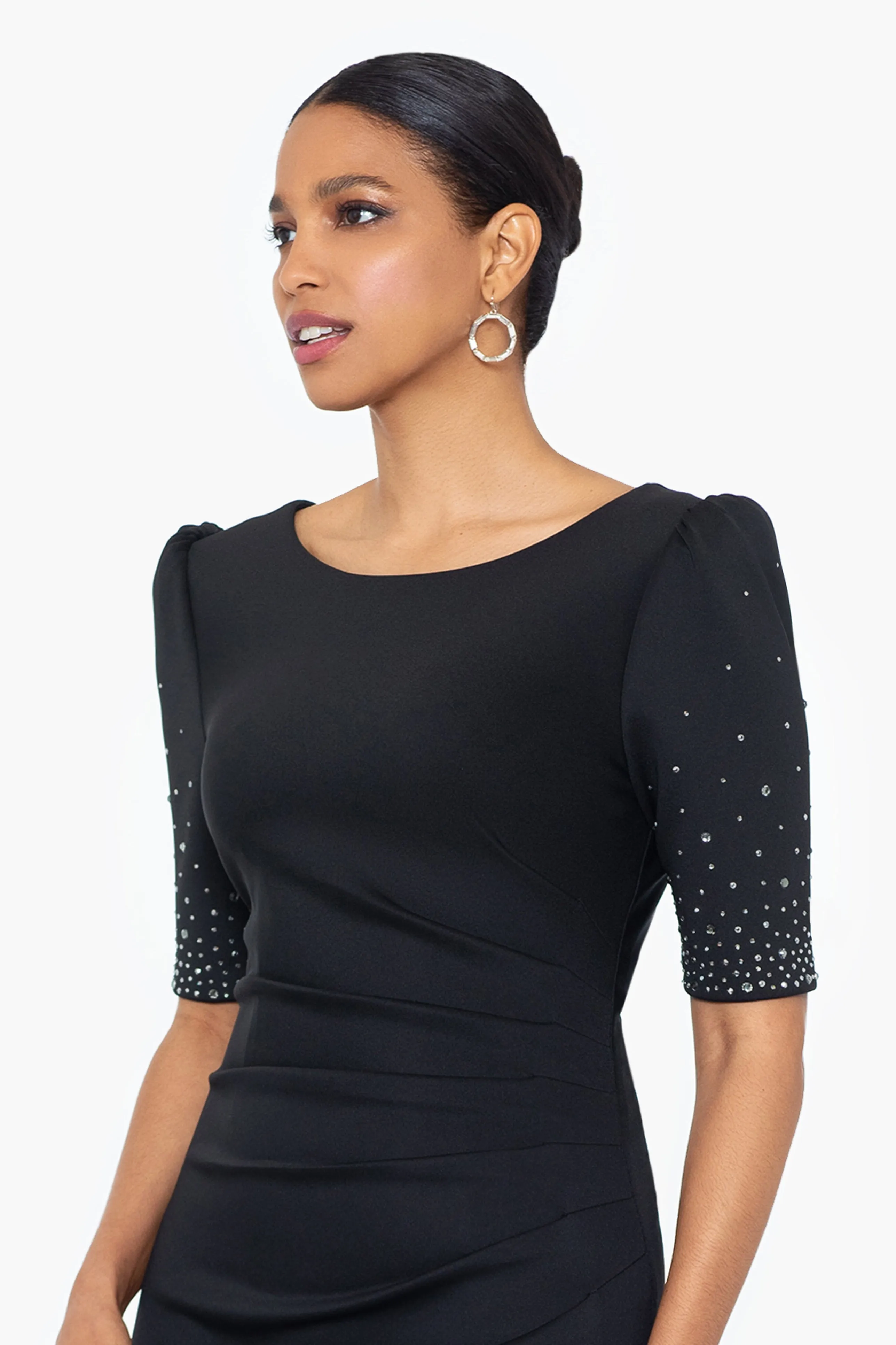 Petite "Tonya" Techno Scuba Short Sleeve Sleeve Rhinestone Embellished Floor Length Dress sold by Xscape product image thumbnail 2