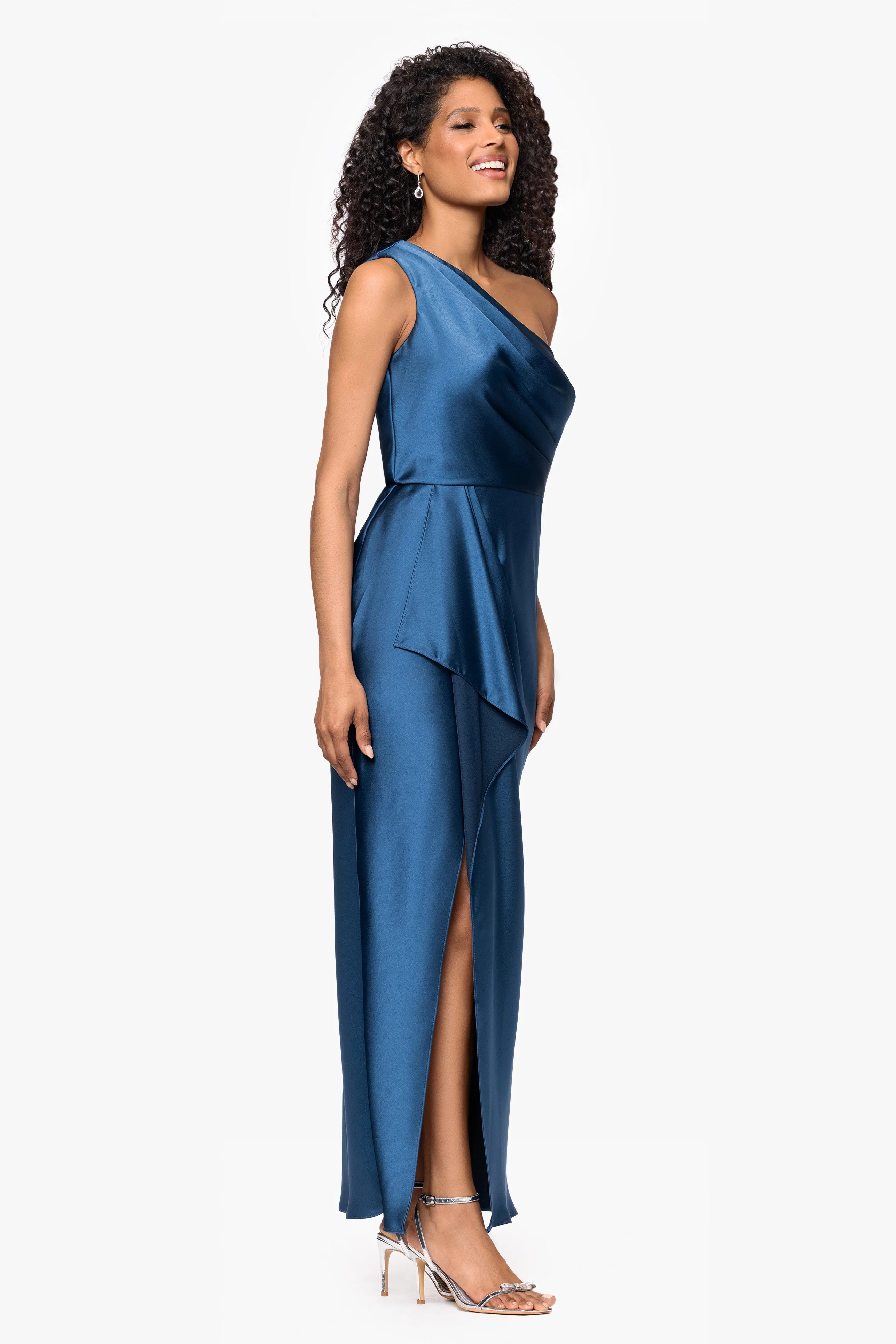 "Lacey" Satin One Shoulder Ruffle Floor Length Dress sold by Xscape product image thumbnail 4