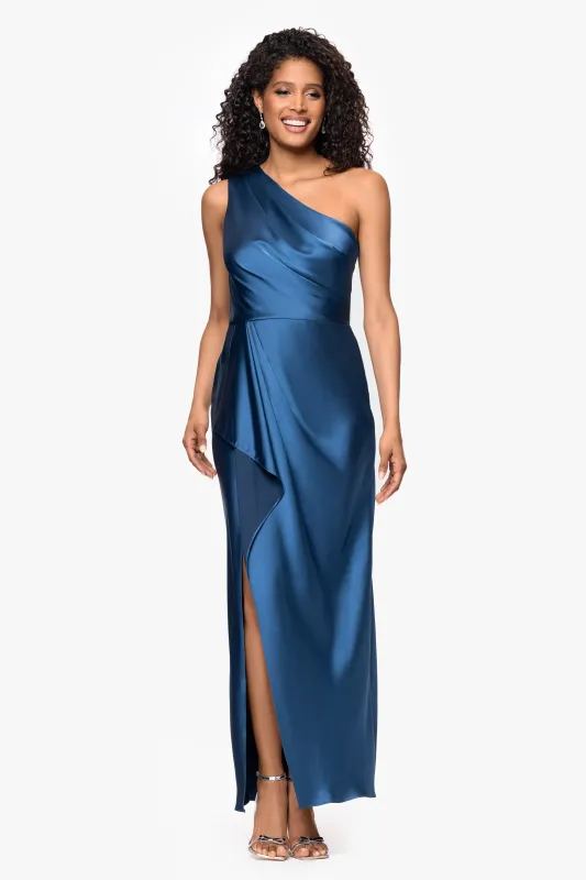 "Lacey" Satin One Shoulder Ruffle Floor Length Dress sold by Xscape