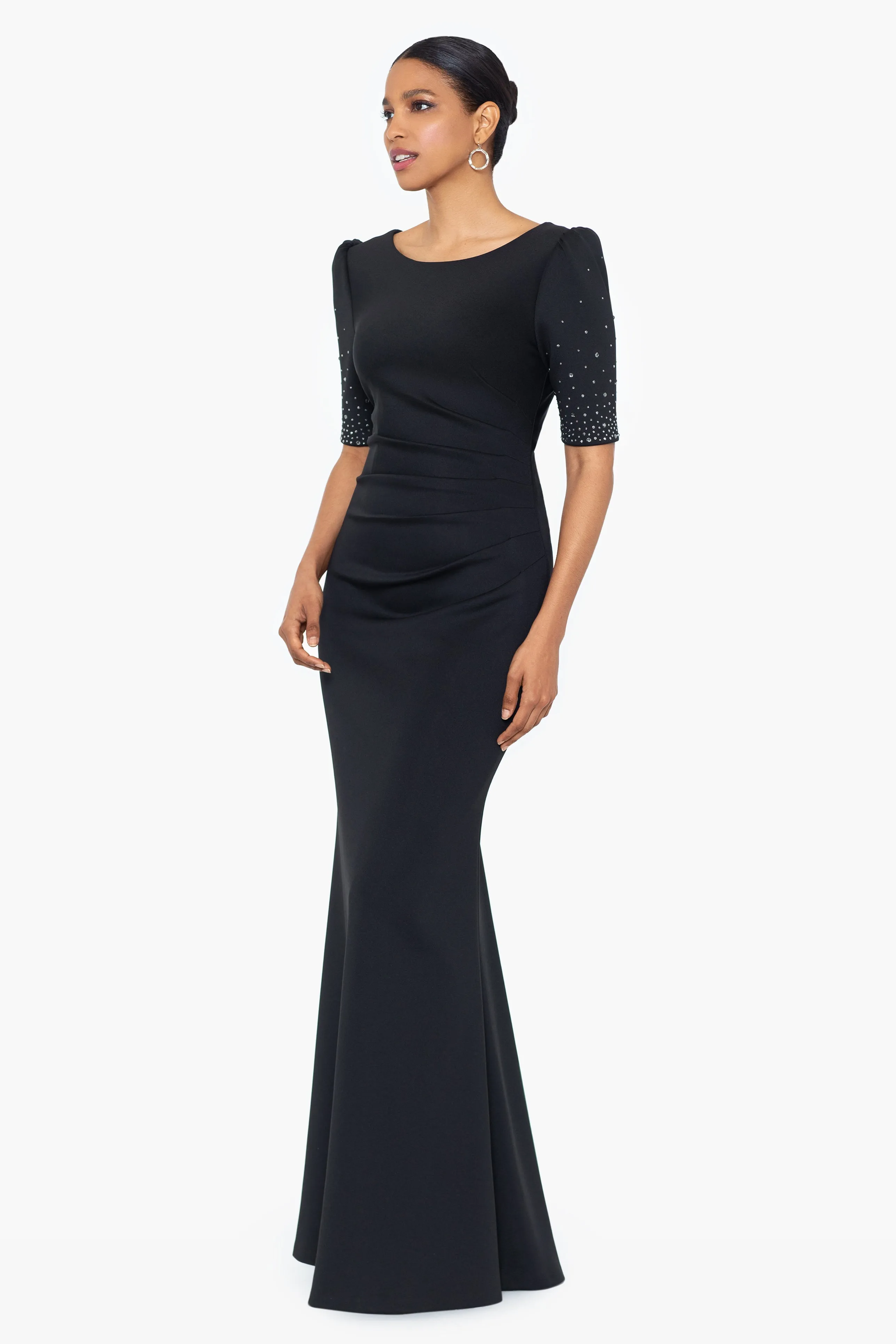 "Tonya" Scuba Crepe Short Sleeve Rhinestone Embellished Floor Length Dress sold by Xscape product image thumbnail 4