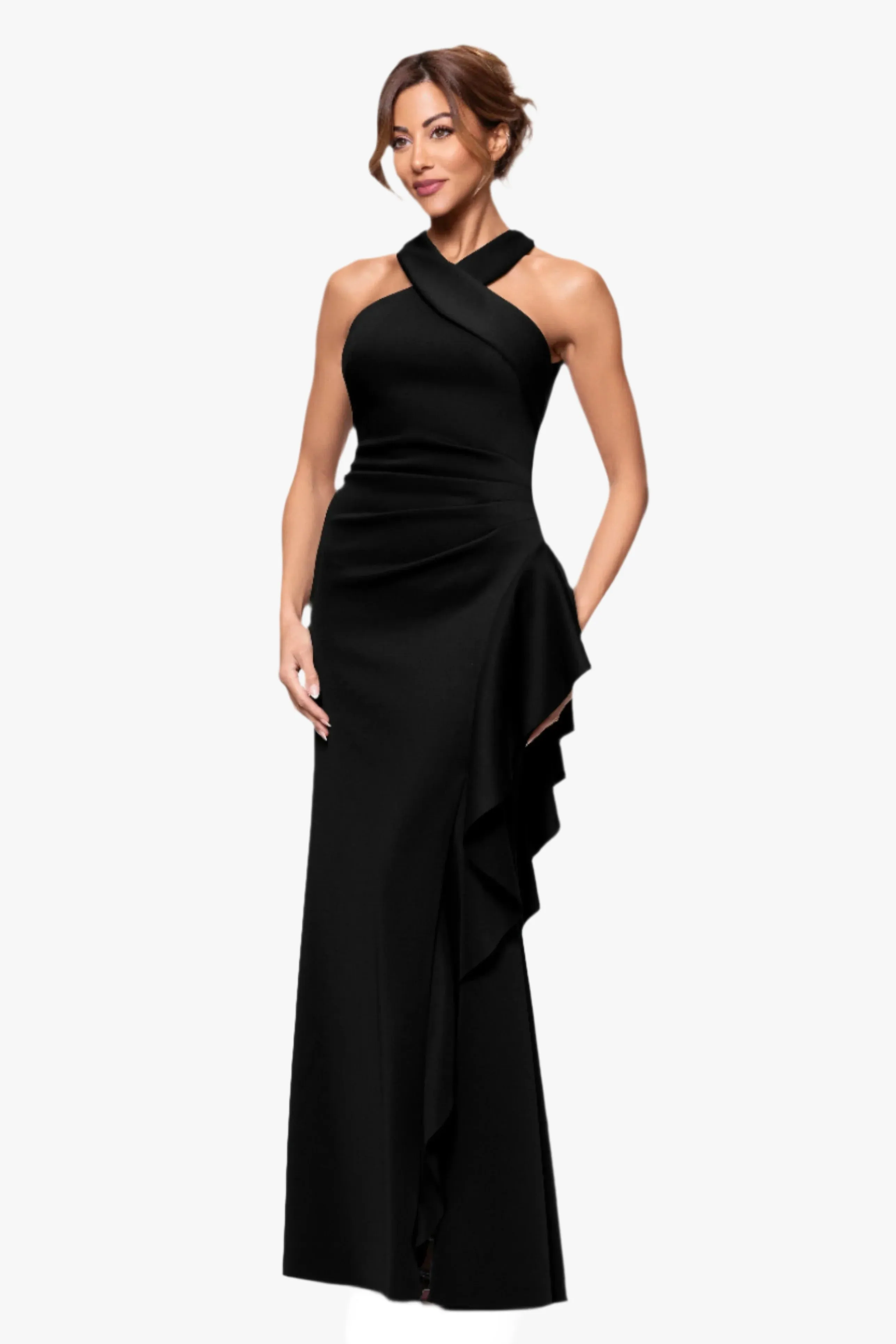 Petite "Gigi" Techno Scuba Cross Neck Ruffle Floor Length Dress sold by Xscape product image thumbnail 4