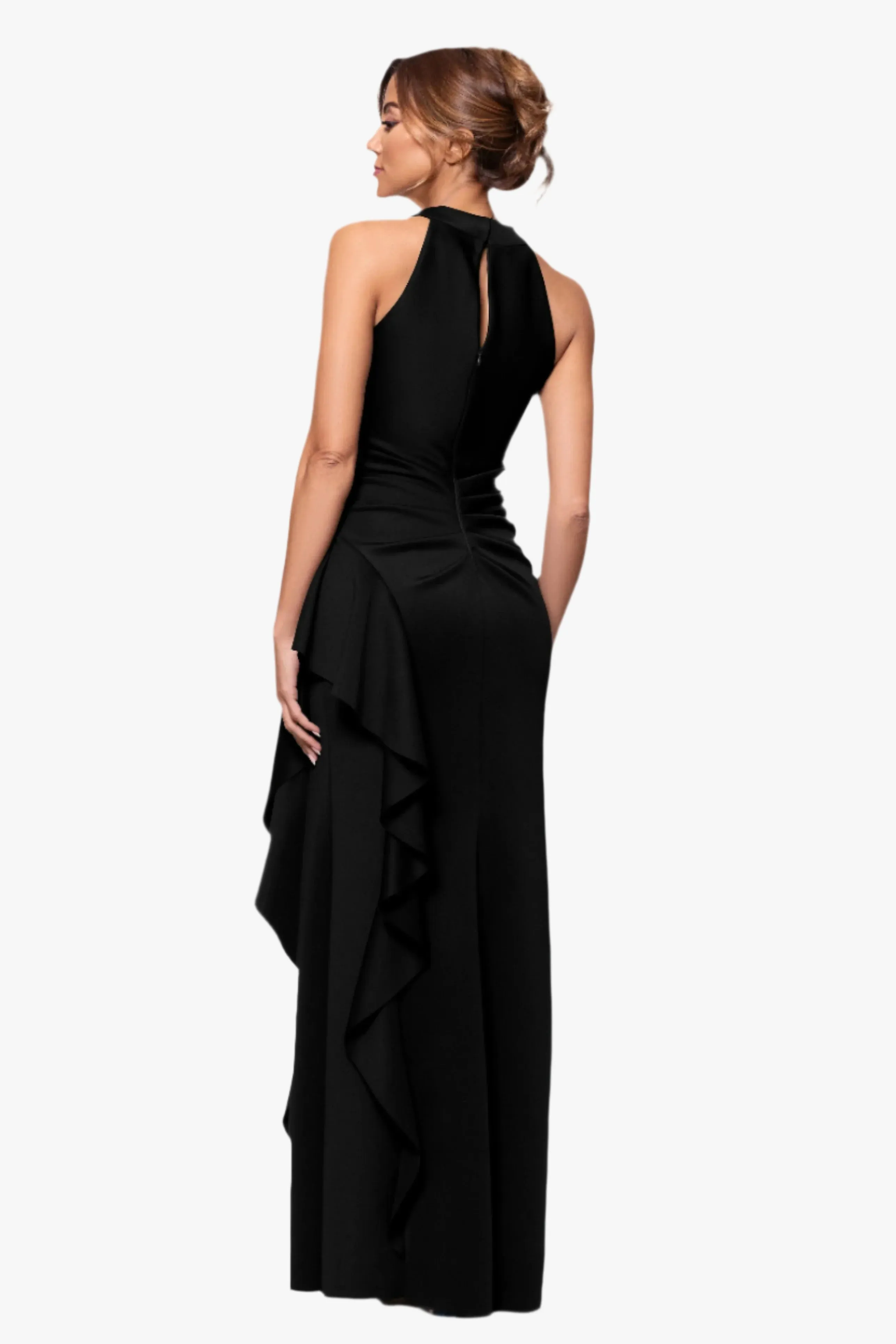 Petite "Gigi" Techno Scuba Cross Neck Ruffle Floor Length Dress sold by Xscape product image thumbnail 3