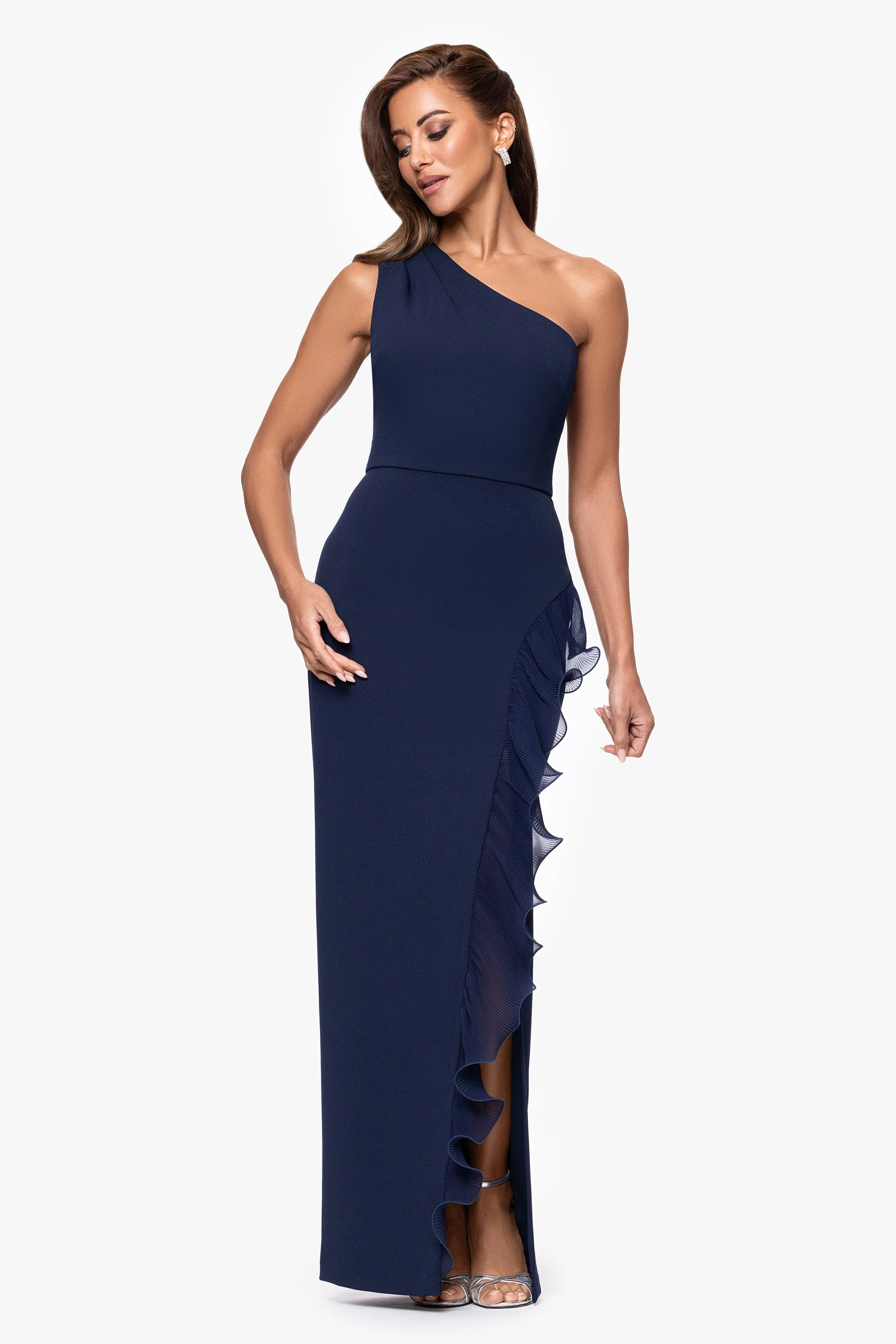 "Graclyn" Scuba Crepe One Shoulder Chiffon Ruffle Floor Length Dress sold by Xscape