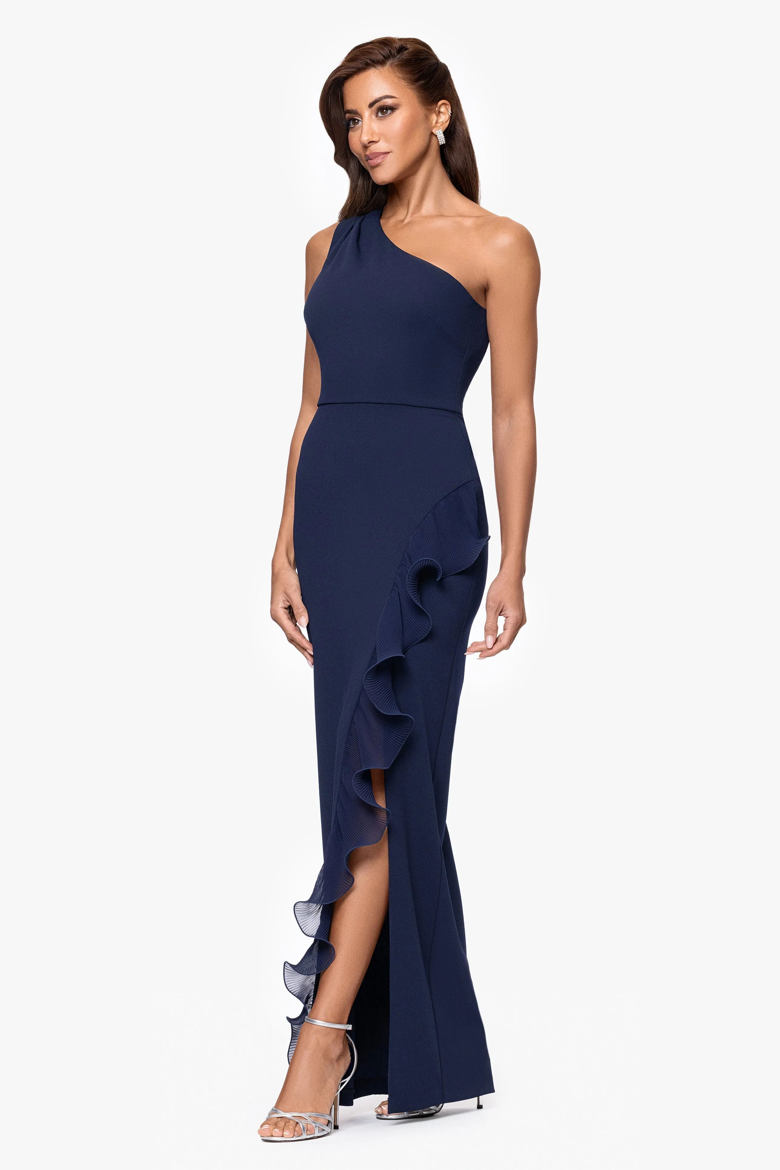 "Graclyn" Scuba Crepe One Shoulder Chiffon Ruffle Floor Length Dress sold by Xscape product image thumbnail 4