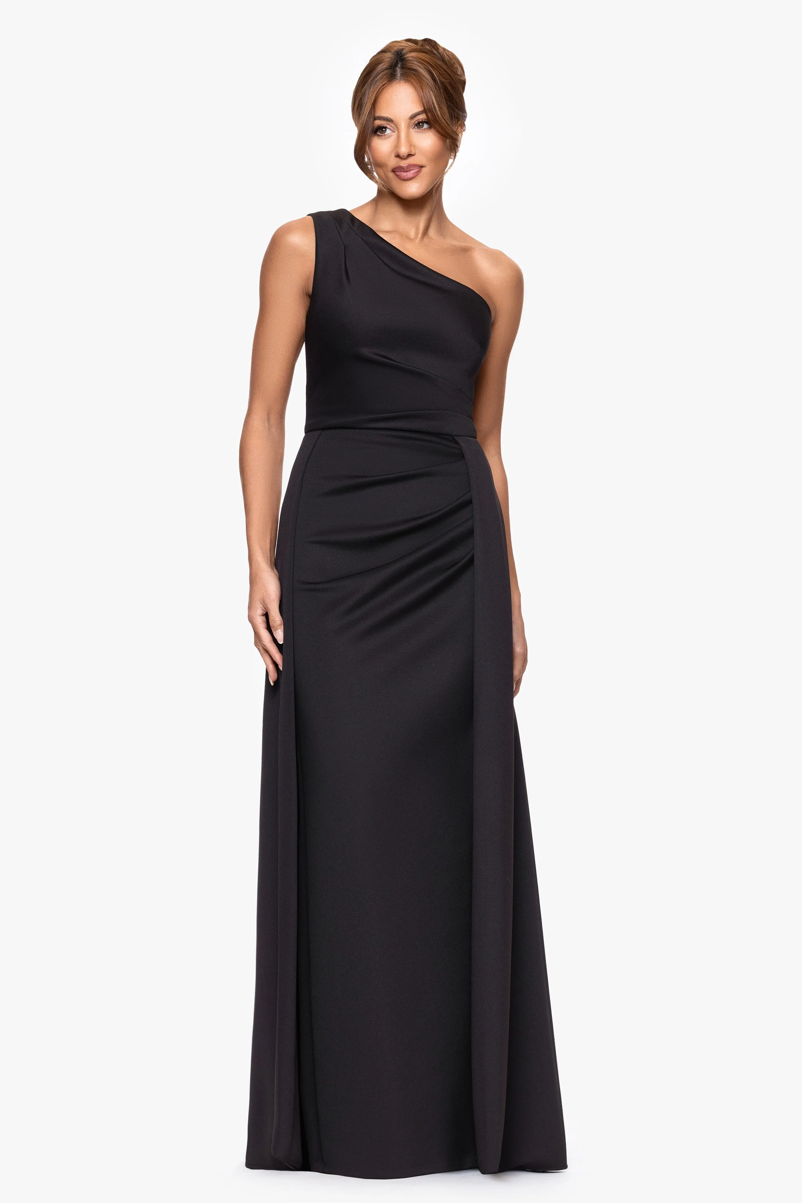 "Jalen" Techno Scuba One Shoulder Back Drape Floor Length Dress sold by Xscape
