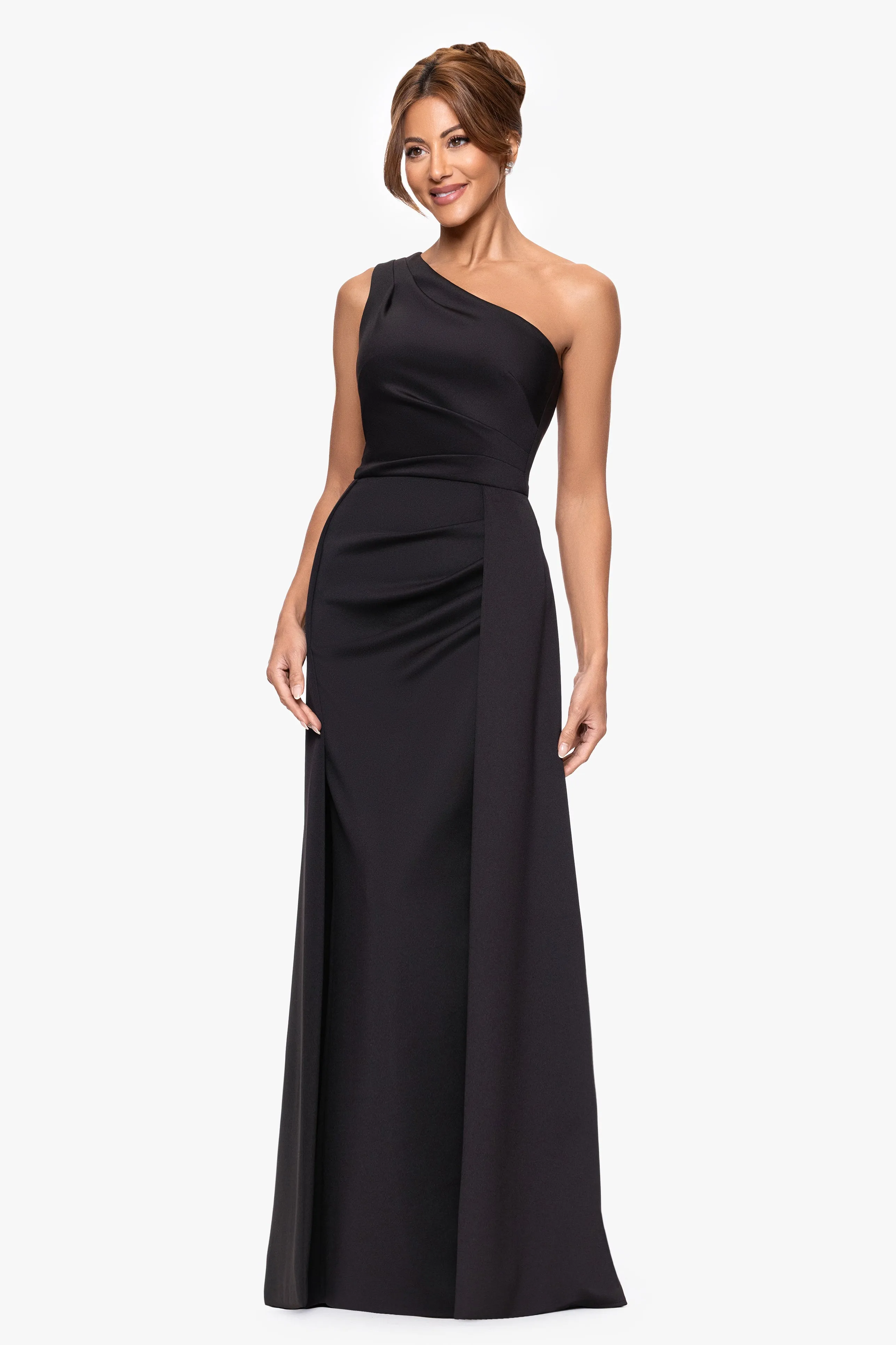 "Jalen" Techno Scuba One Shoulder Back Drape Floor Length Dress sold by Xscape product image thumbnail 4