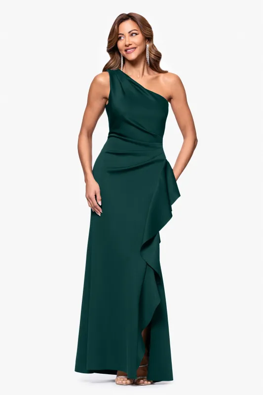"Flo" Long Techno Scuba One Shoulder Ruffle Dress sold by Xscape