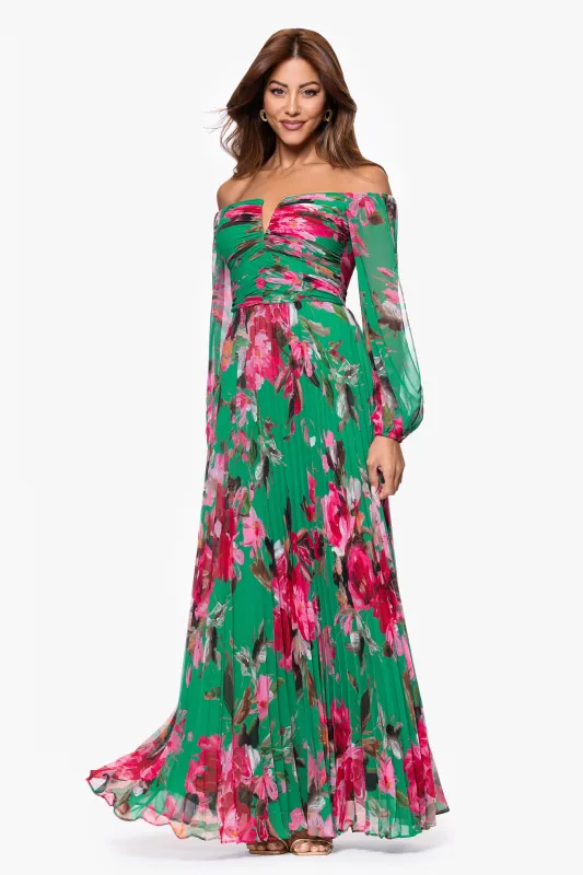 "Alara" Floral Print Chiffon Long Sleeve Off the Shoulder Floor Length Dress sold by Xscape