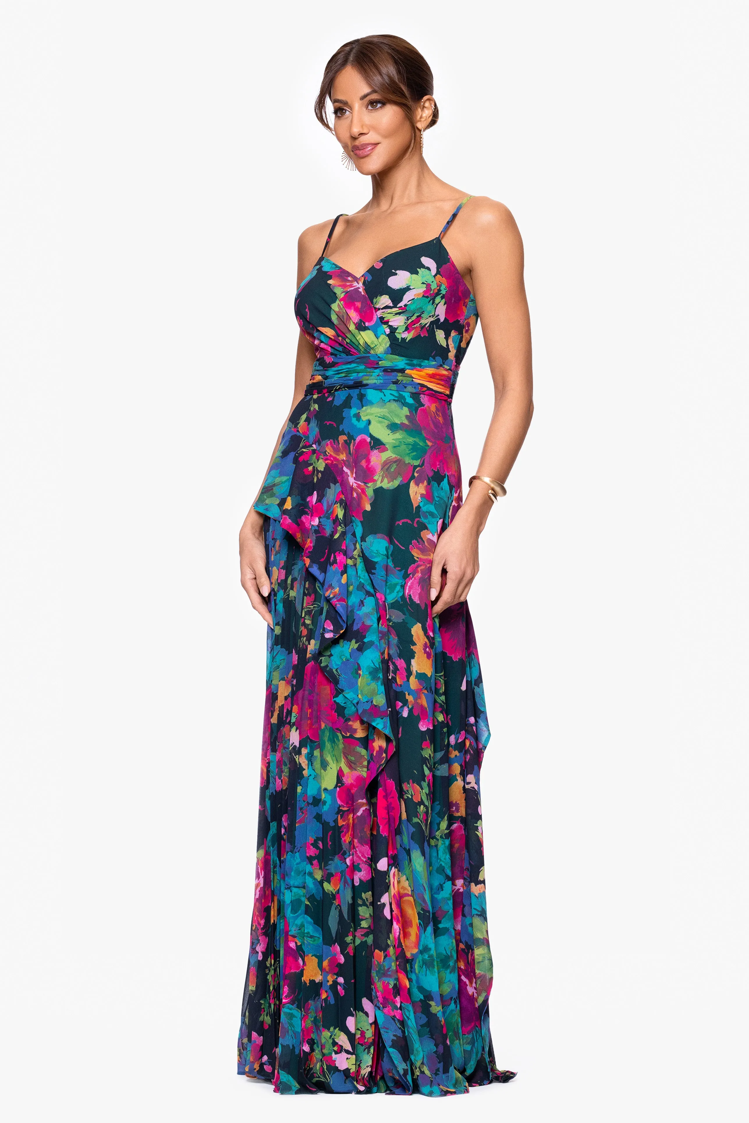 "Sherri" Print Chiffon Ruffle Pleated Spaghetti Strap Floor Length Dress sold by Xscape product image thumbnail 4