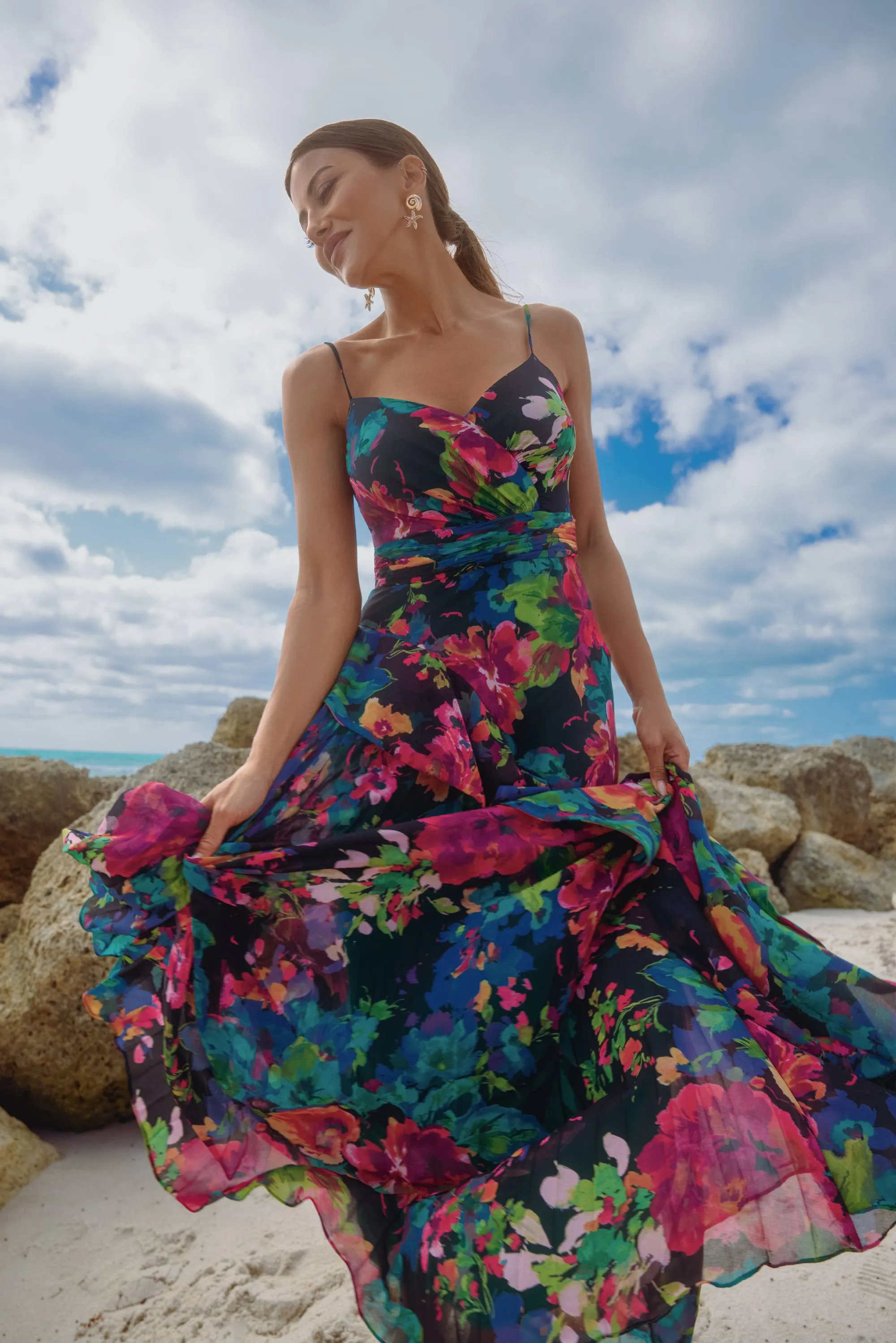 "Sherri" Print Chiffon Ruffle Pleated Spaghetti Strap Floor Length Dress sold by Xscape product image thumbnail 5