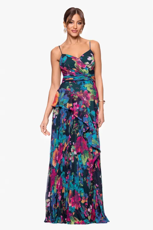 "Sherri" Print Chiffon Ruffle Pleated Spaghetti Strap Floor Length Dress sold by Xscape