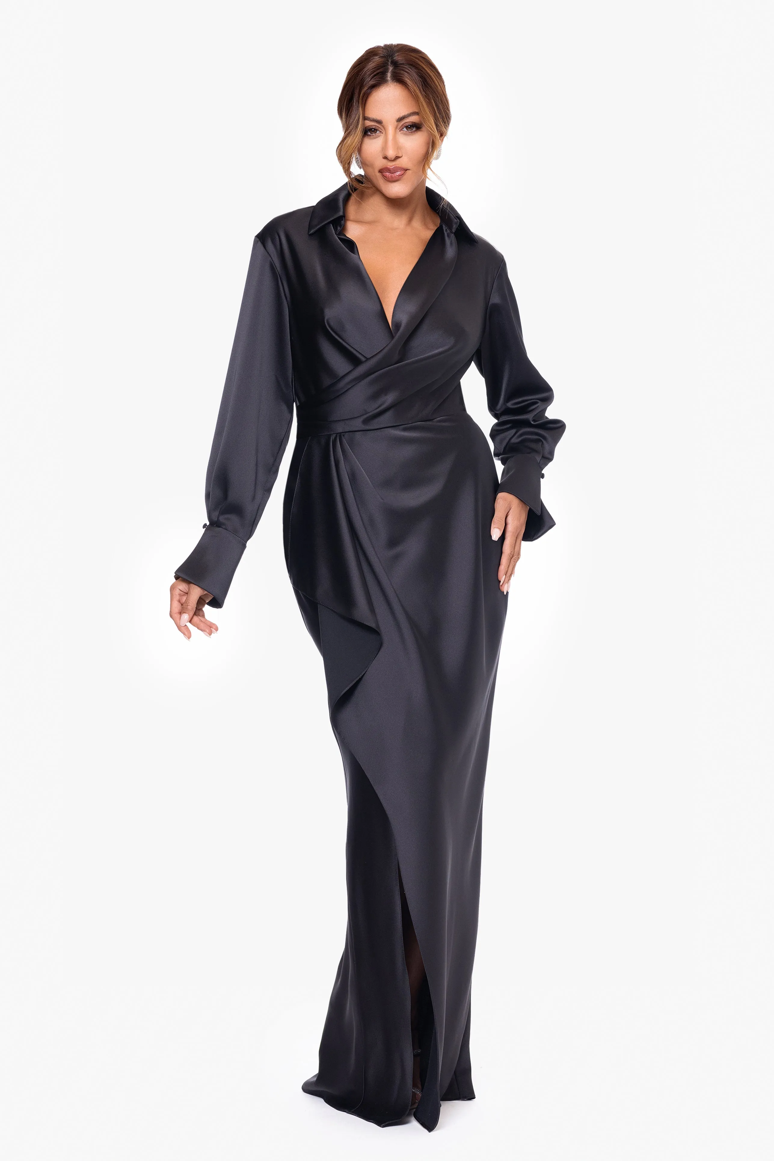 "Emery" Long Satin Long Sleeve Collared Dress sold by Xscape