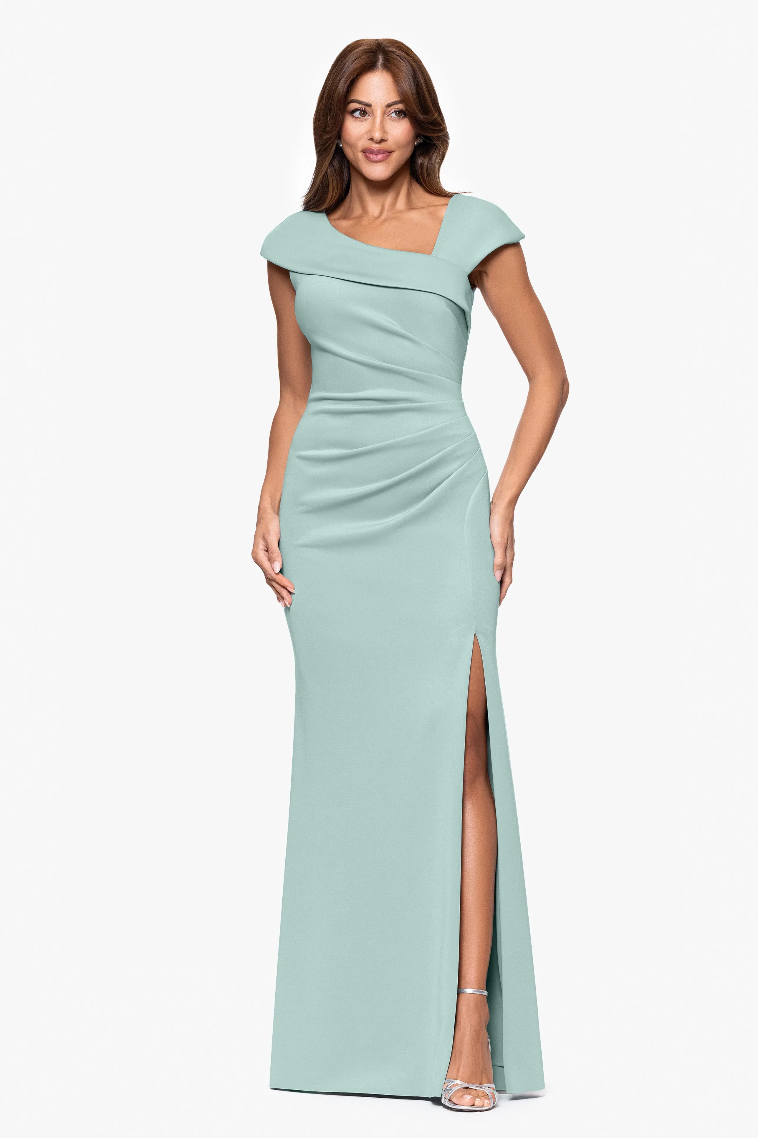 "Lenore " Long Asymmetrical Neckline Scuba Dress sold by Xscape