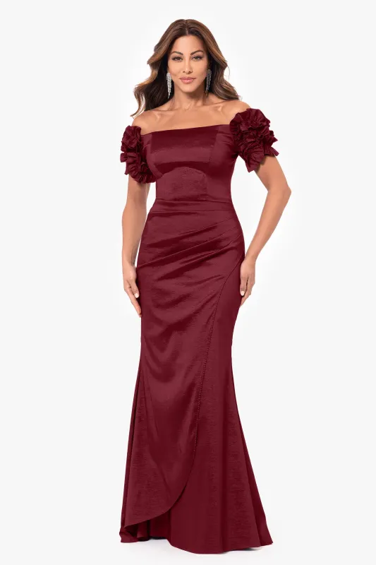 Petite "Melinda" Long off the Shoulder Flower Sleeve Dress sold by Xscape