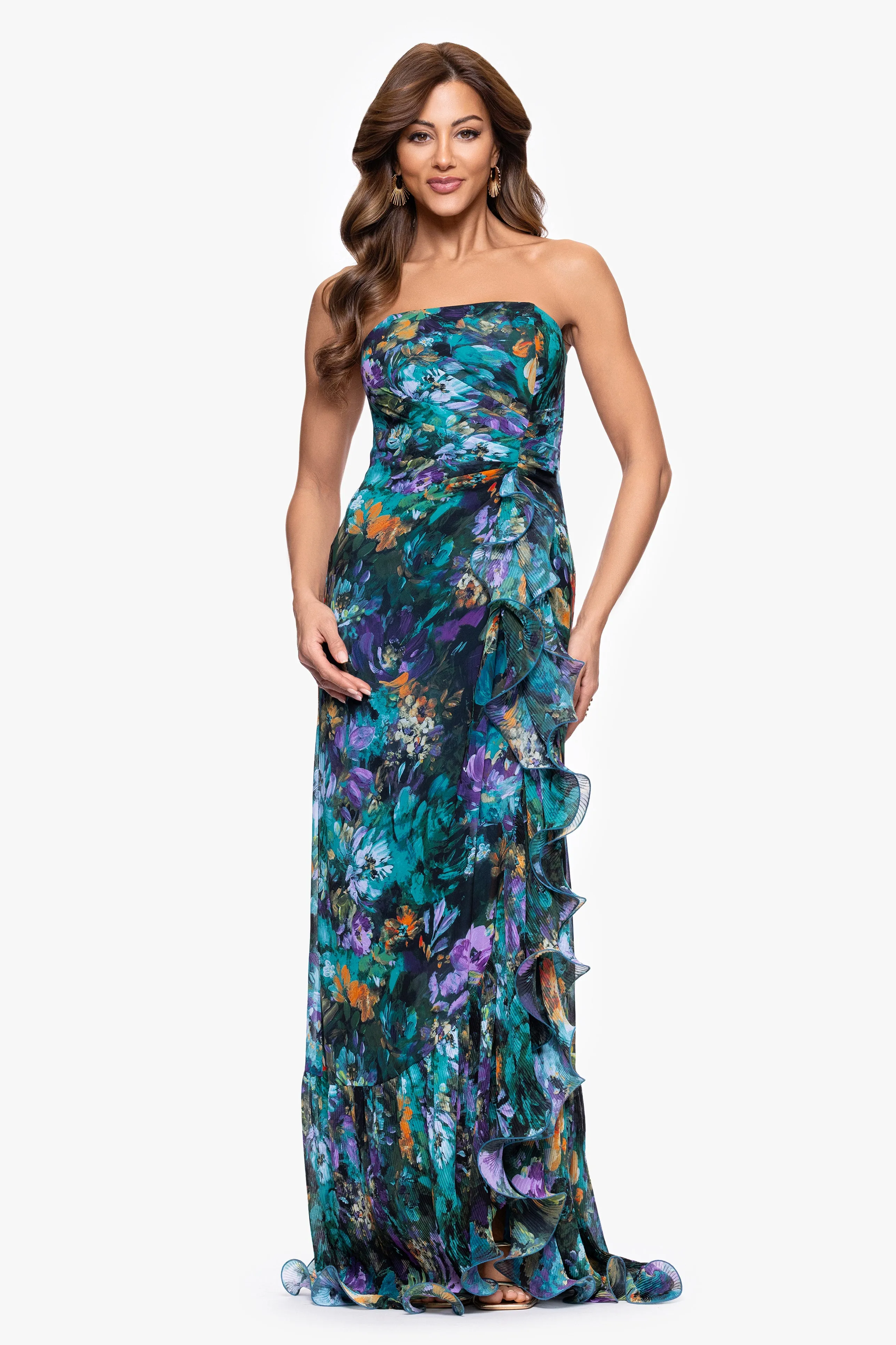 Petite "Adeline" Print Chiffon Strapless Ruffle Floor Length Dress sold by Xscape