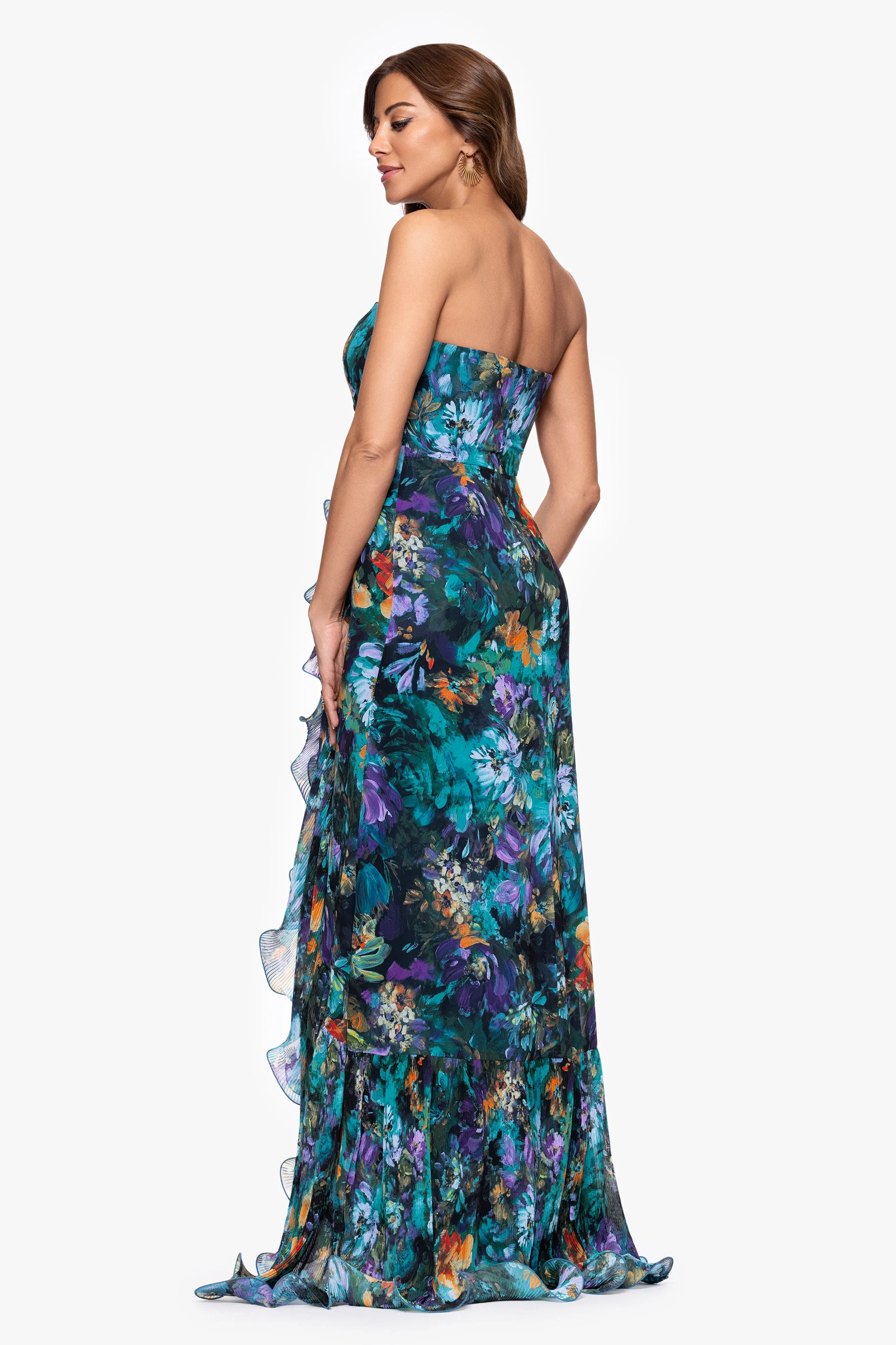 Petite "Adeline" Print Chiffon Strapless Ruffle Floor Length Dress sold by Xscape product image thumbnail 3