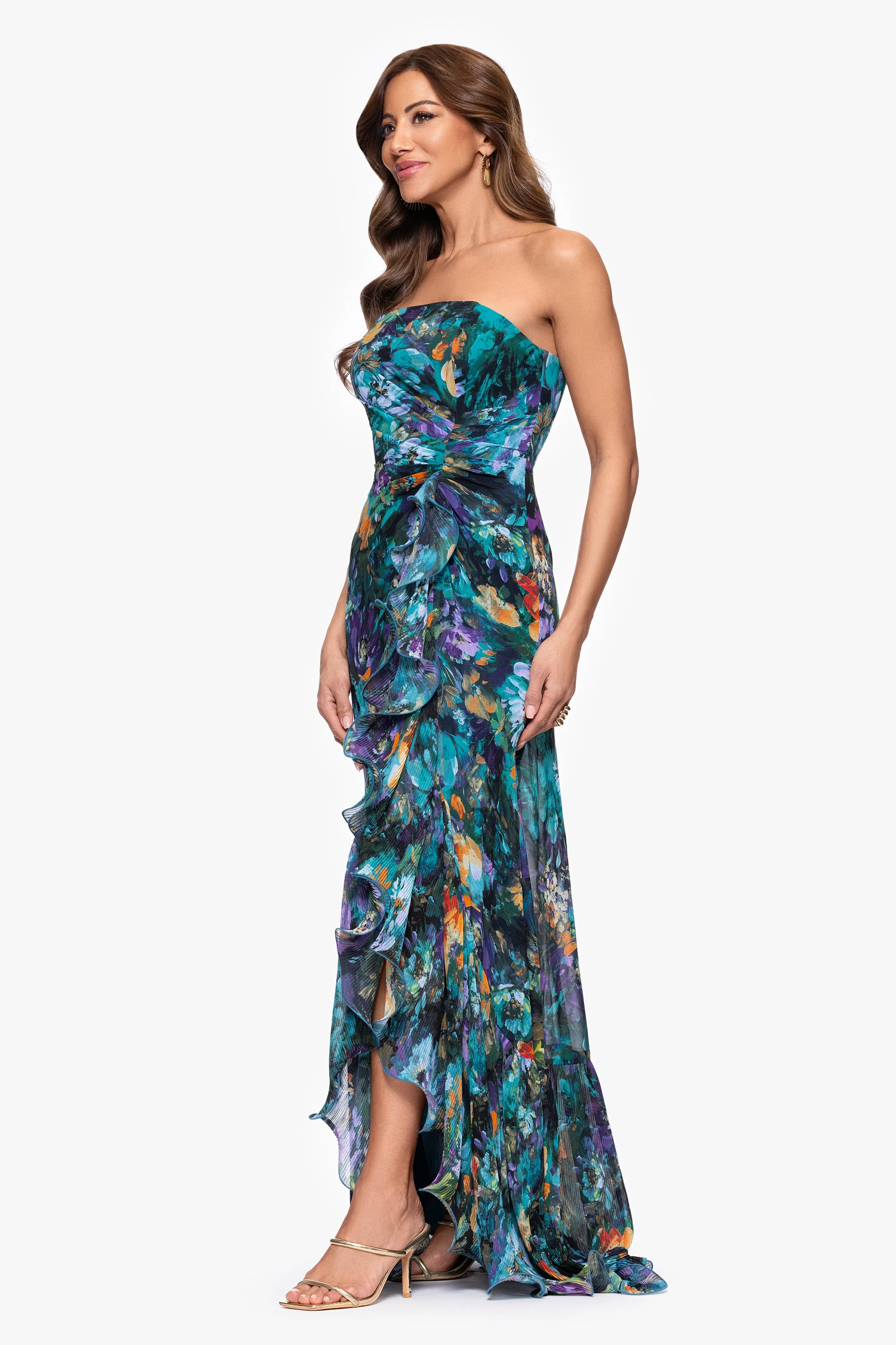Petite "Adeline" Print Chiffon Strapless Ruffle Floor Length Dress sold by Xscape product image thumbnail 4