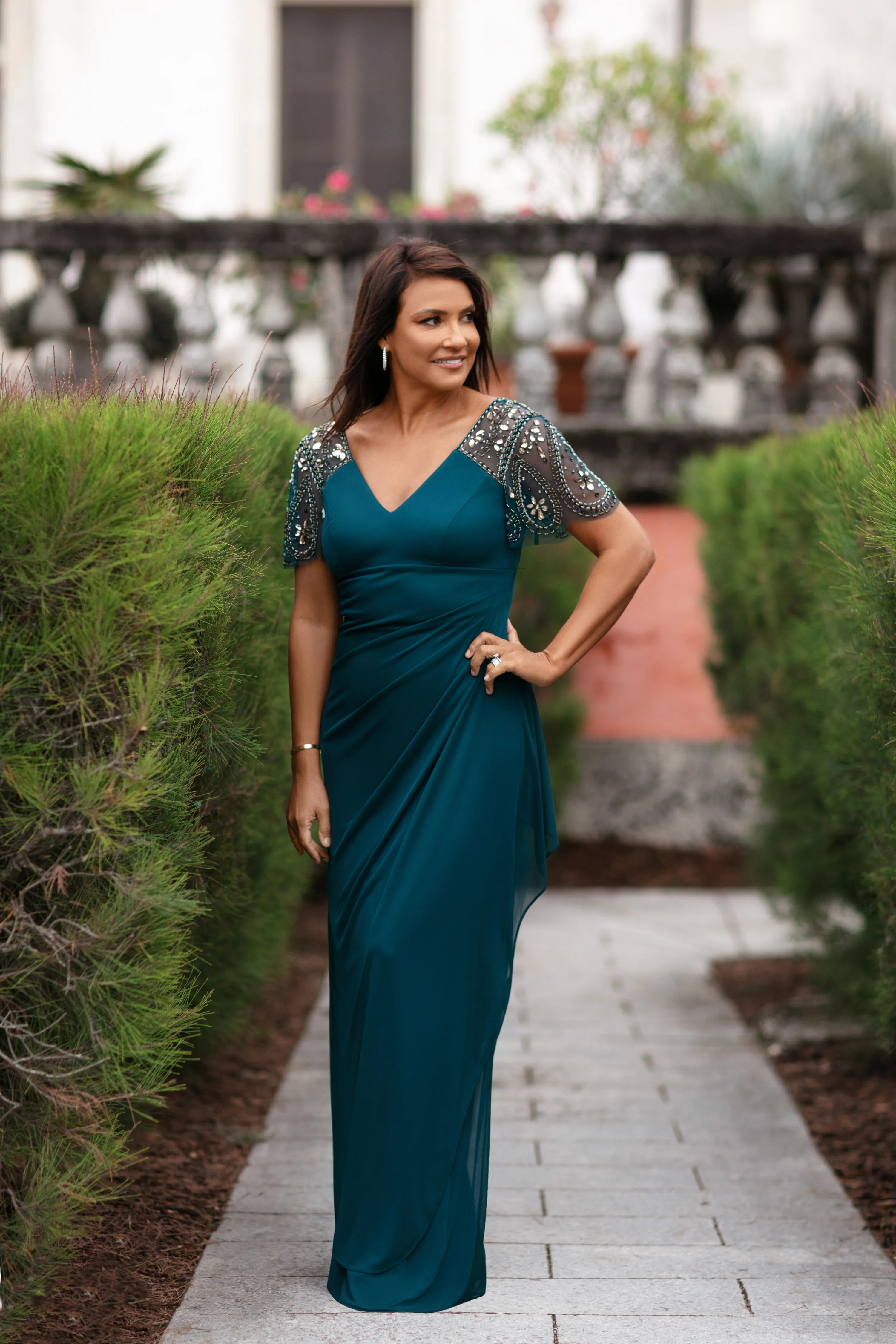 "Lana" Long V-Neck Beaded Flutter Sleeve Dress sold by Xscape product image thumbnail 5