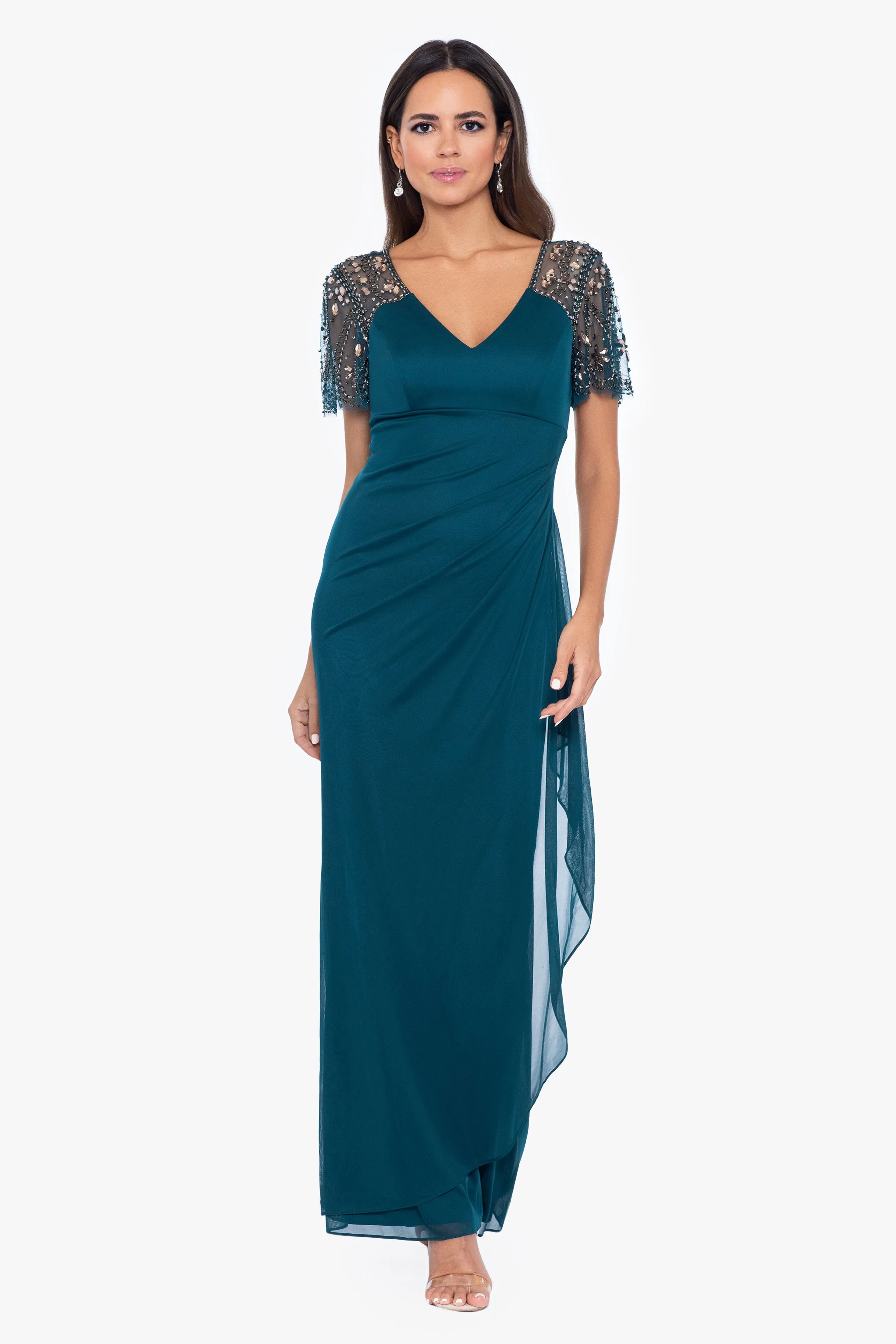 "Lana" Long V-Neck Beaded Flutter Sleeve Dress sold by Xscape