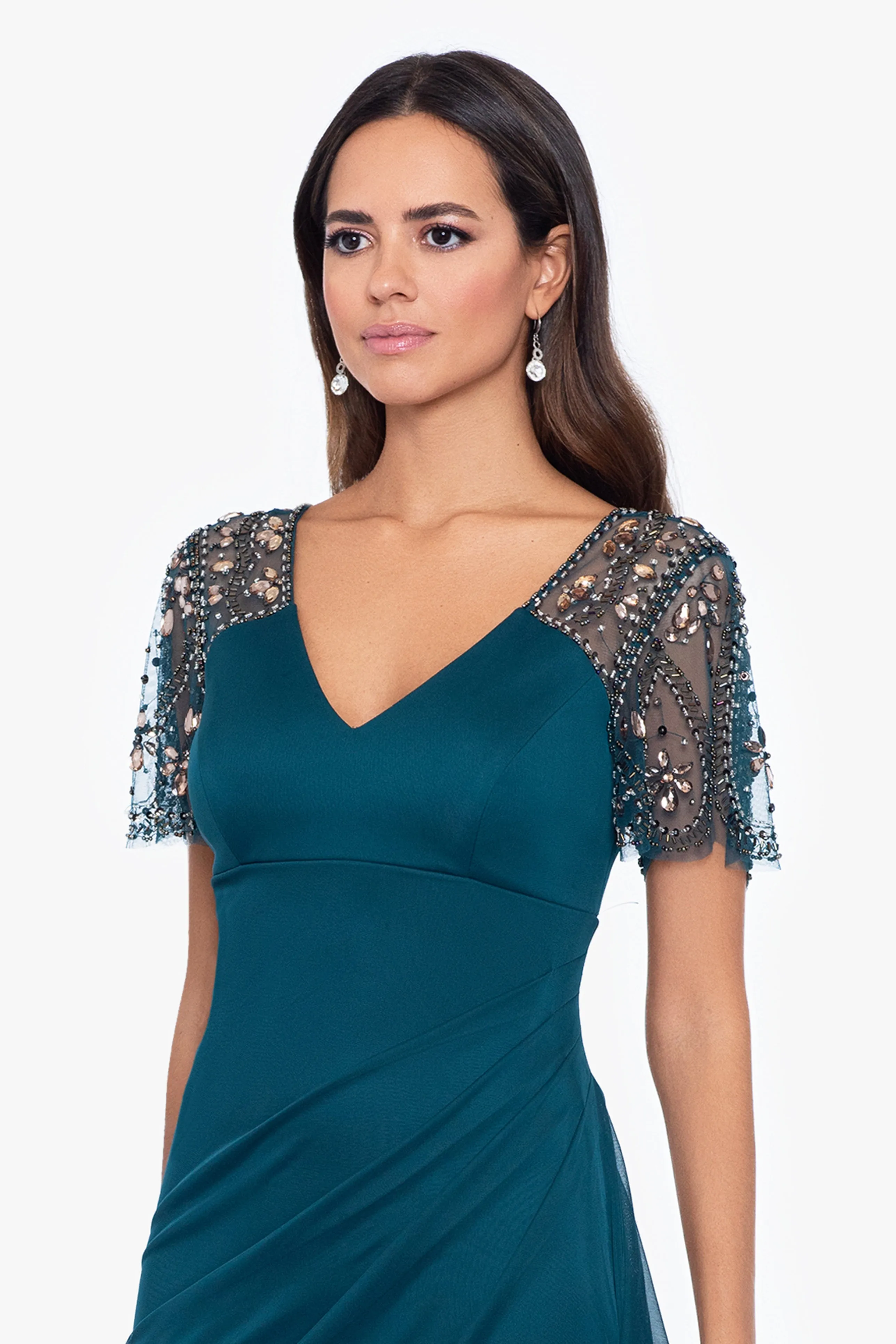 "Lana" Long V-Neck Beaded Flutter Sleeve Dress sold by Xscape product image thumbnail 4